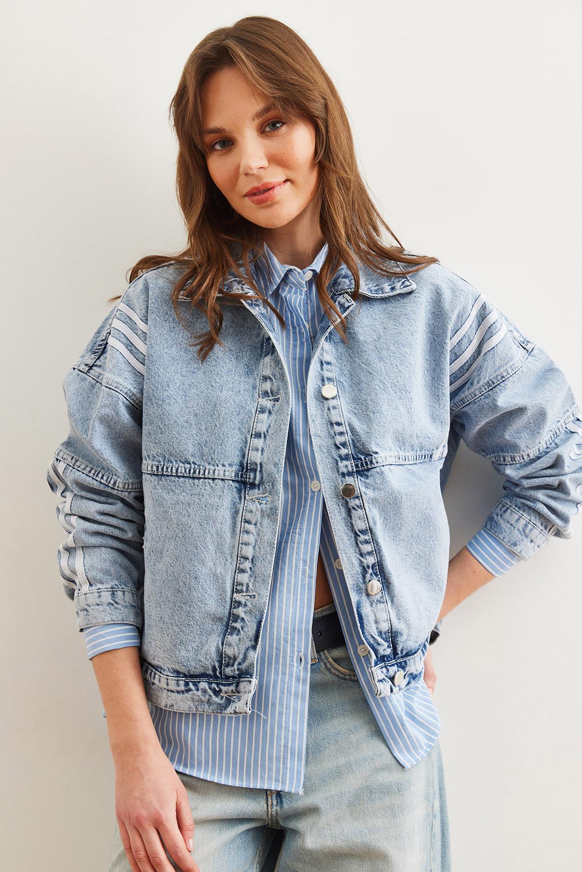 3 Şerit Detaylı Cepli Denim Ceket Mavi