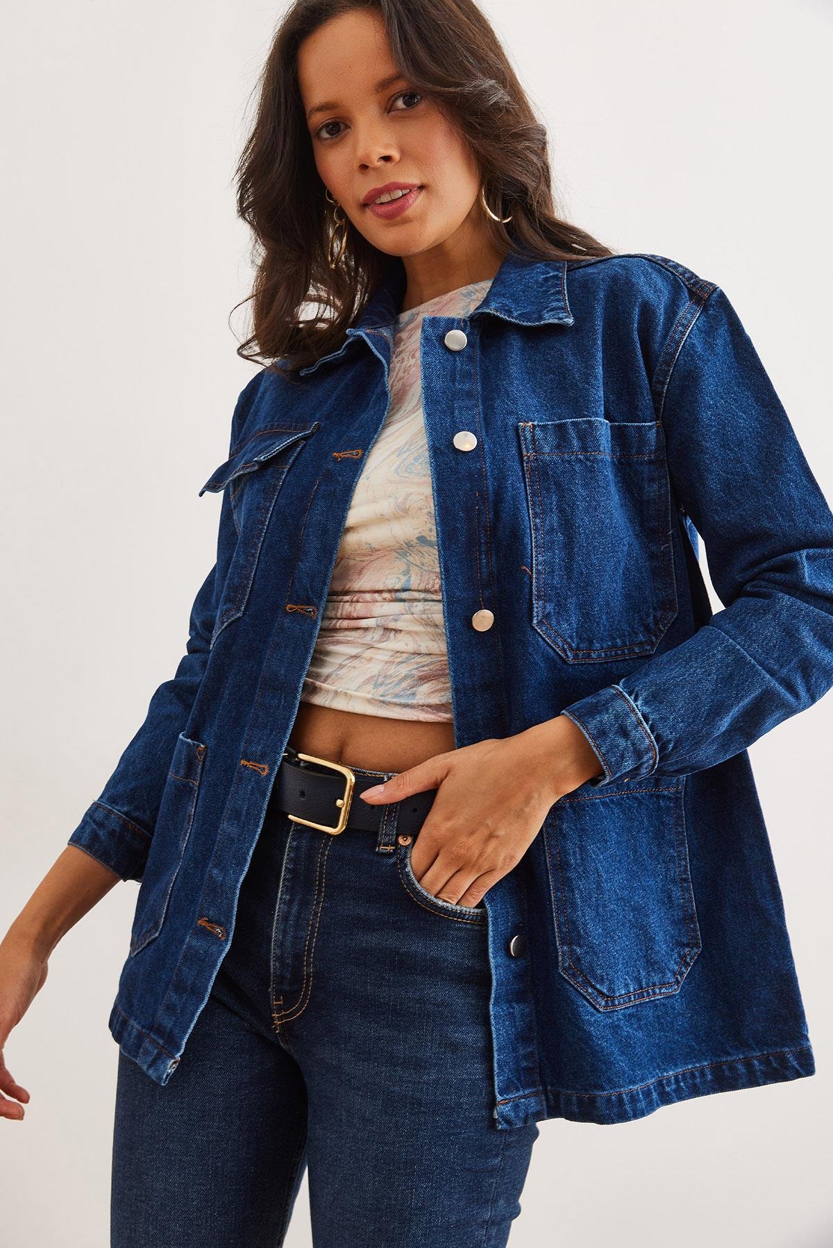 4 Cepli Düğmeli Denim Ceket Koyu Mavi