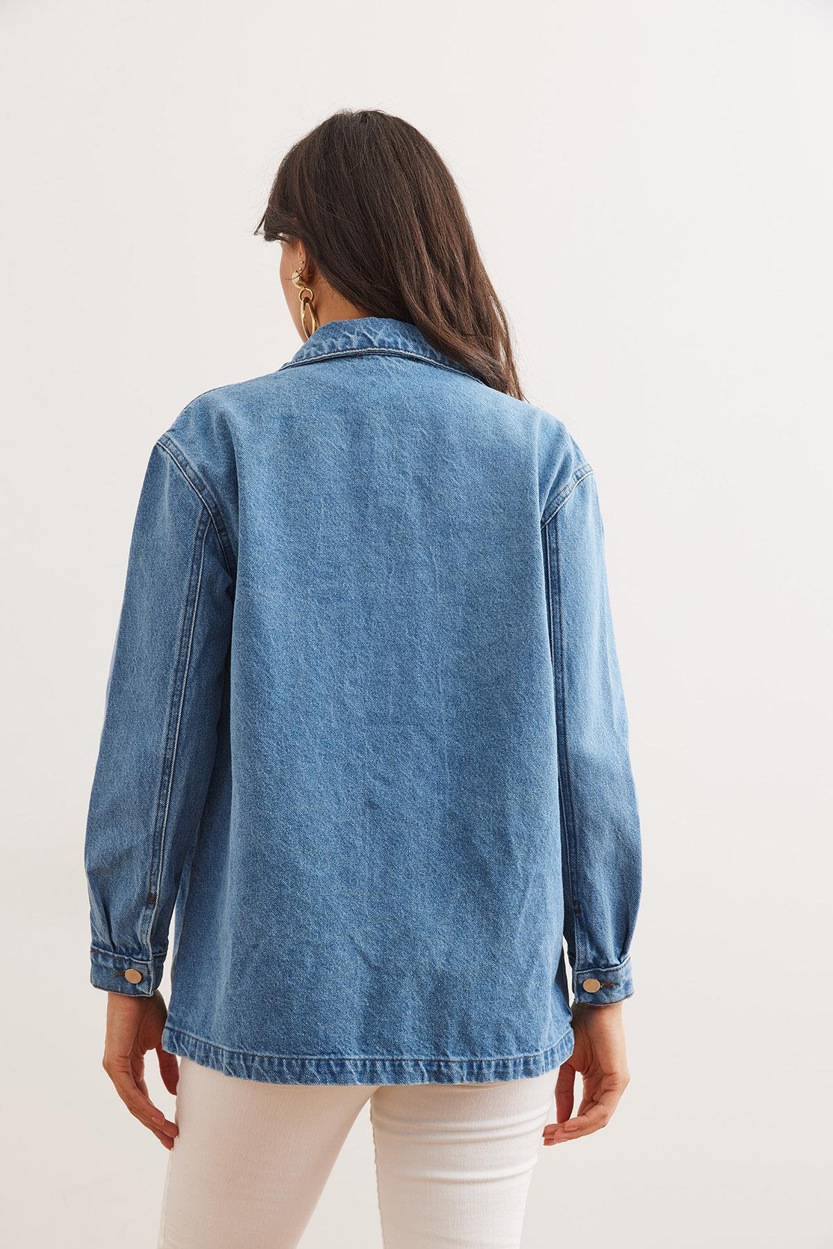 4 Cepli Düğmeli Denim Ceket Mavi