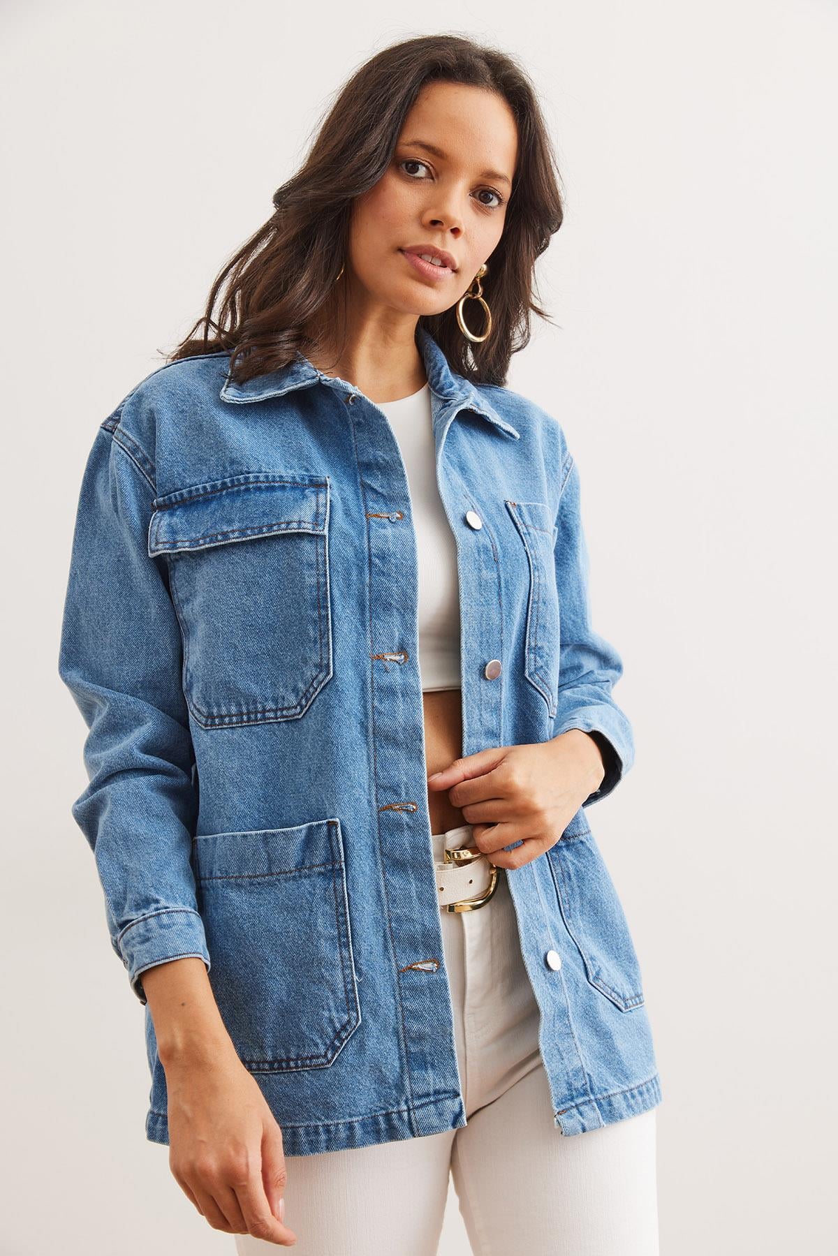 4 Cepli Düğmeli Denim Ceket Mavi