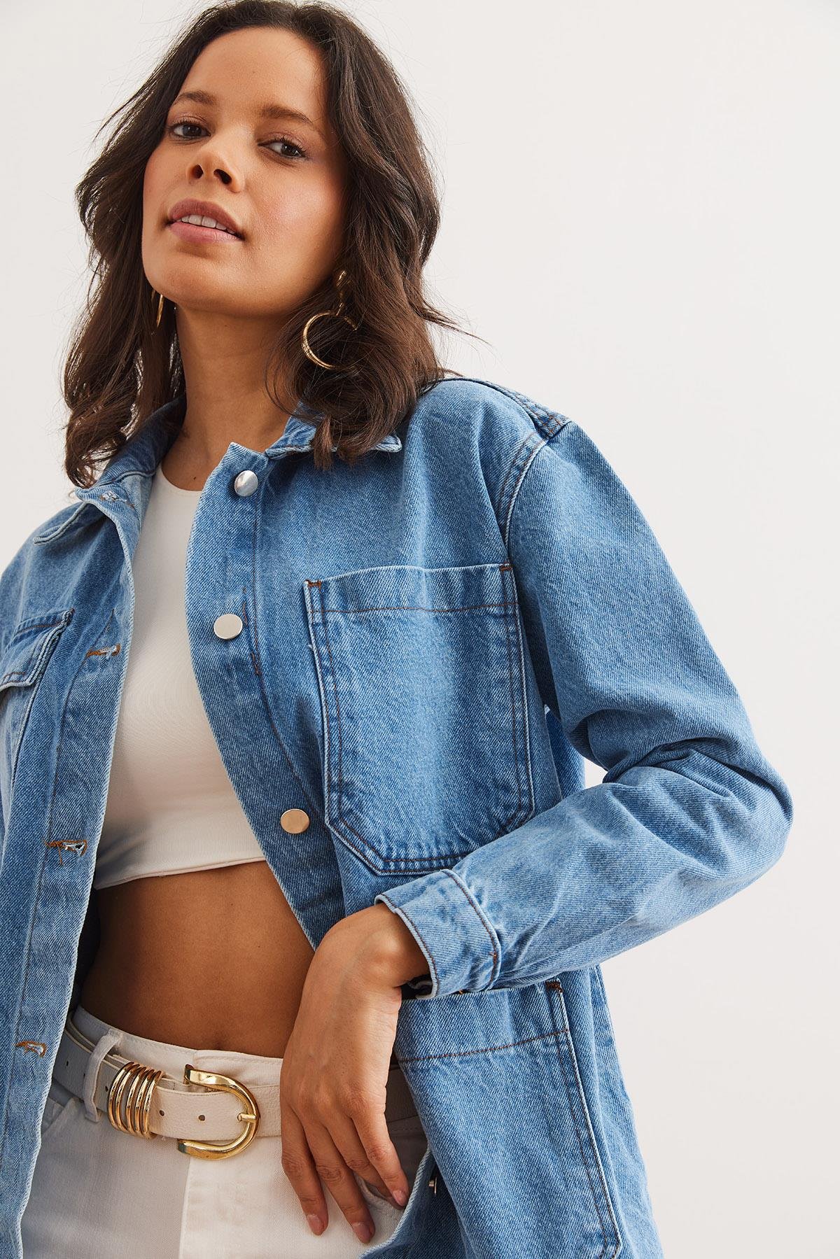 4 Cepli Düğmeli Denim Ceket Mavi