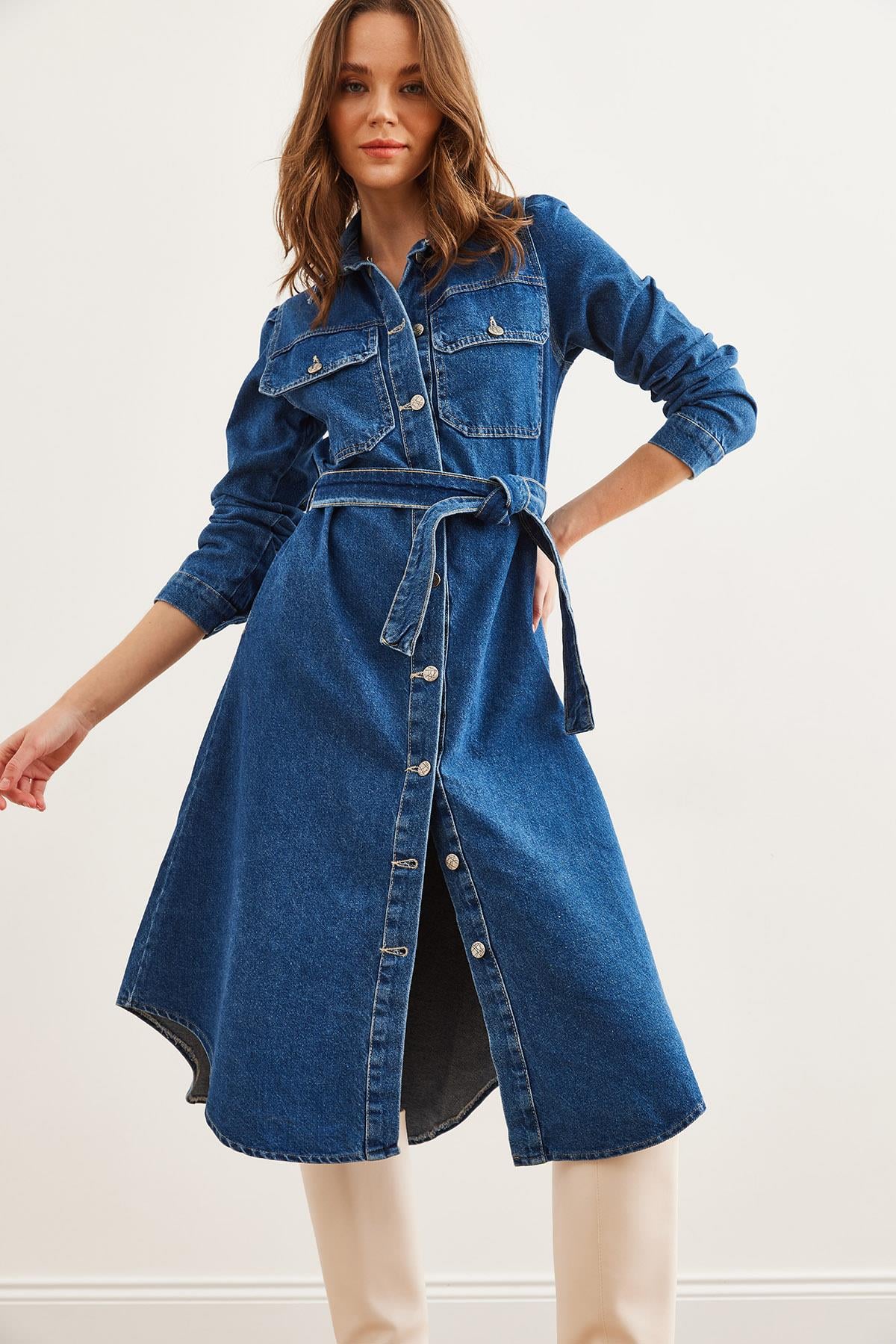 4 Cepli Midi Kalın Denim Elbise Mavi