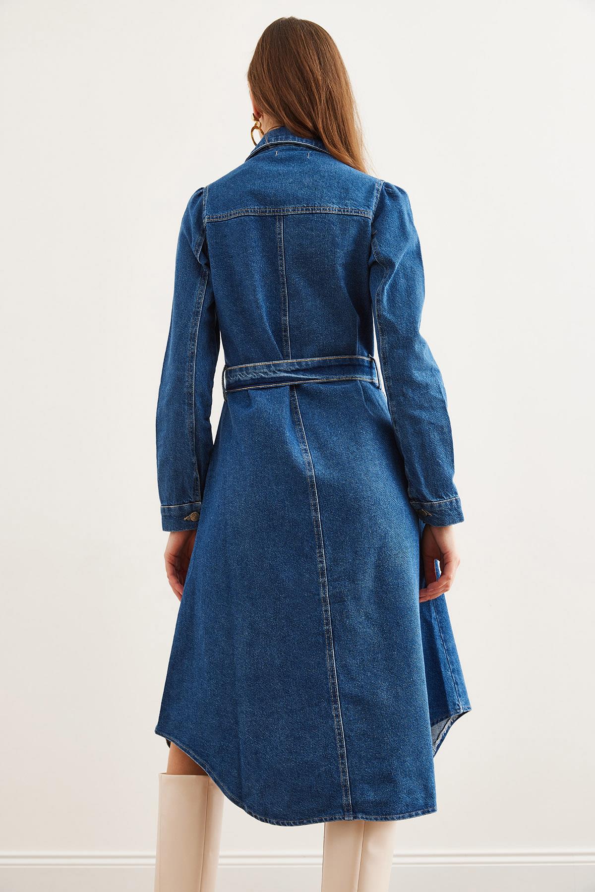 4 Cepli Midi Kalın Denim Elbise Mavi