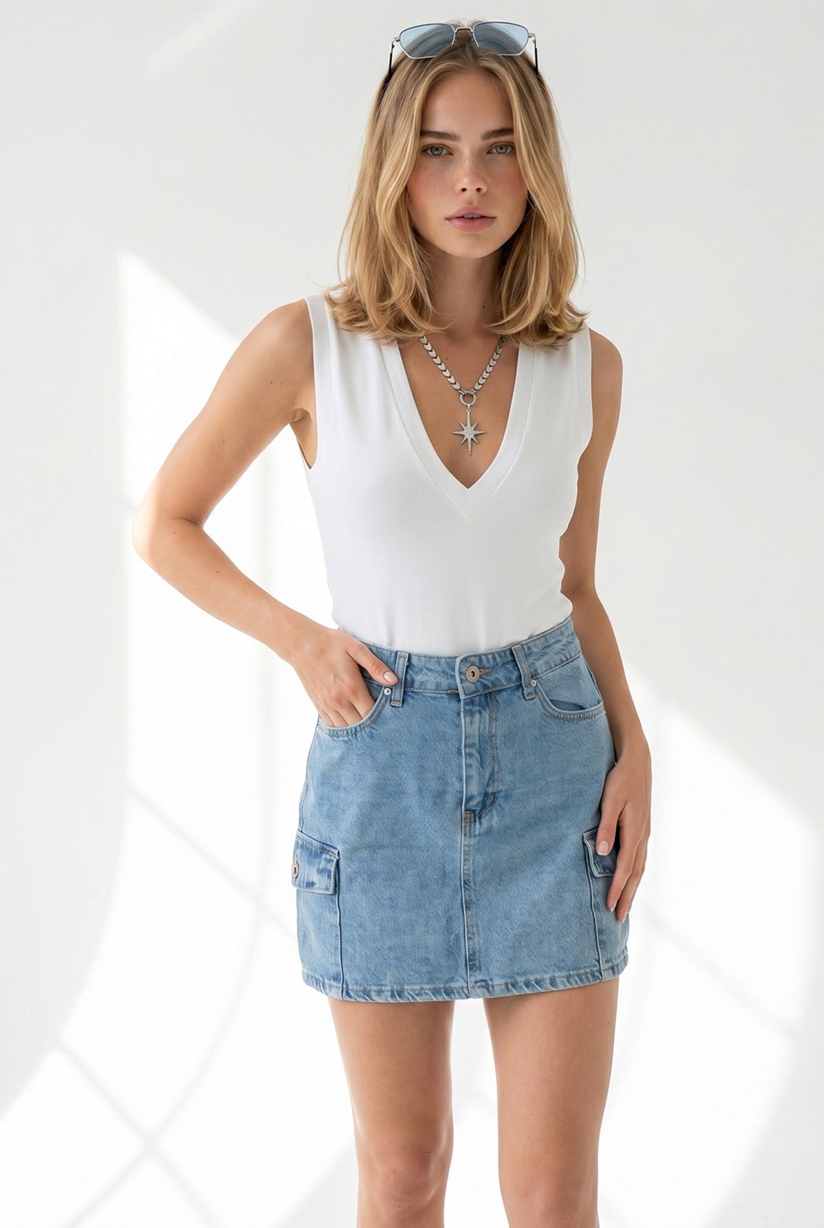 4 Cepli Mini Denim Etek Mavi