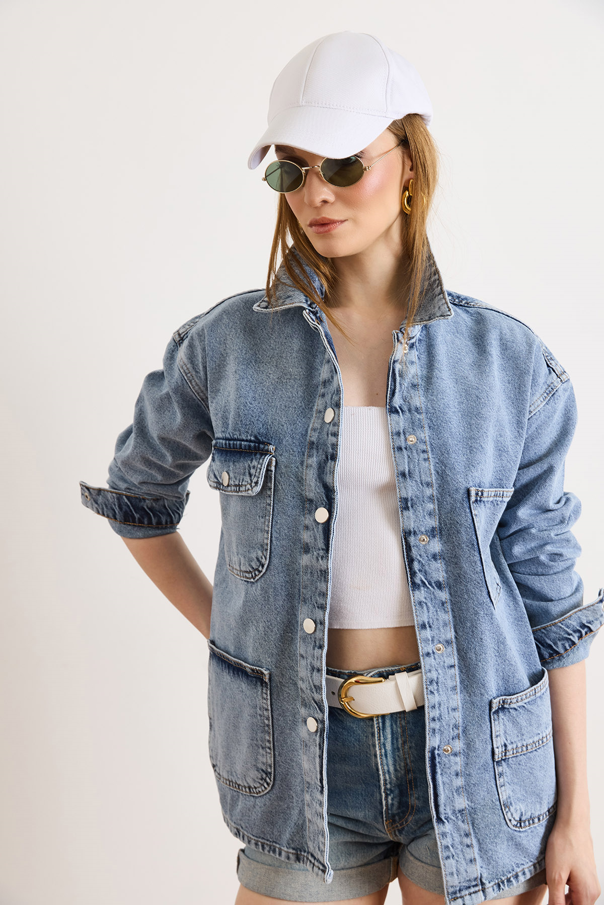 4 Cepli Tok Denim Ceket Açık Mavi