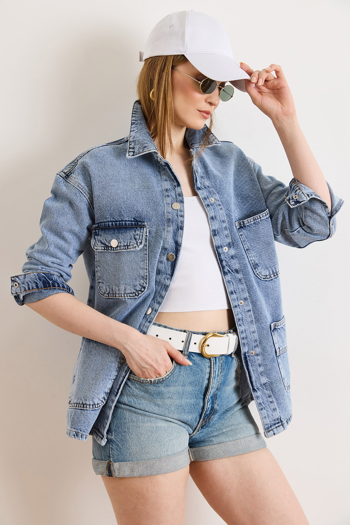 4 Cepli Tok Denim Ceket Açık Mavi