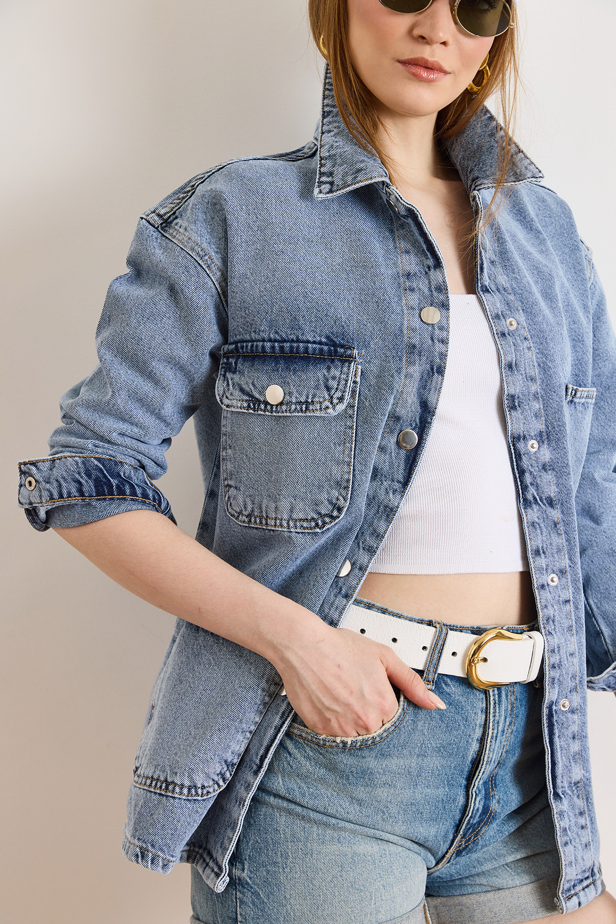 4 Cepli Tok Denim Ceket Açık Mavi