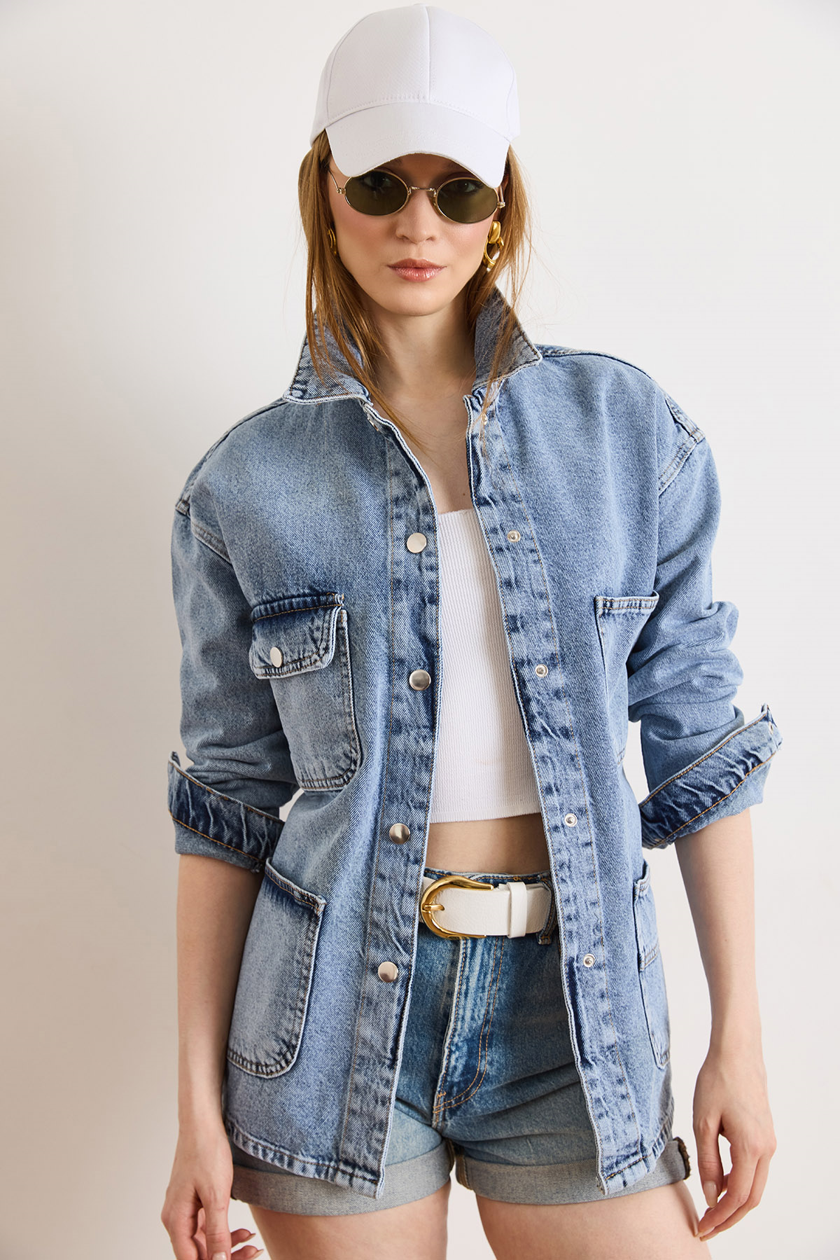 4 Cepli Tok Denim Ceket Açık Mavi