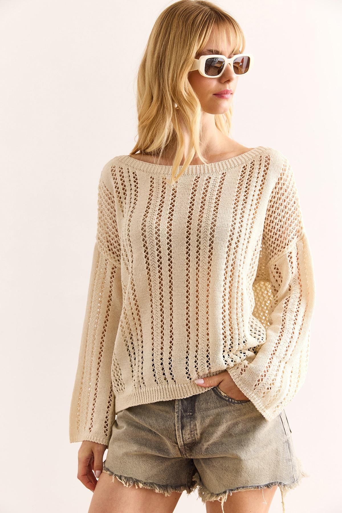 Ajurlu Relaxed Fit Mevsimlik Triko Bluz Ekru