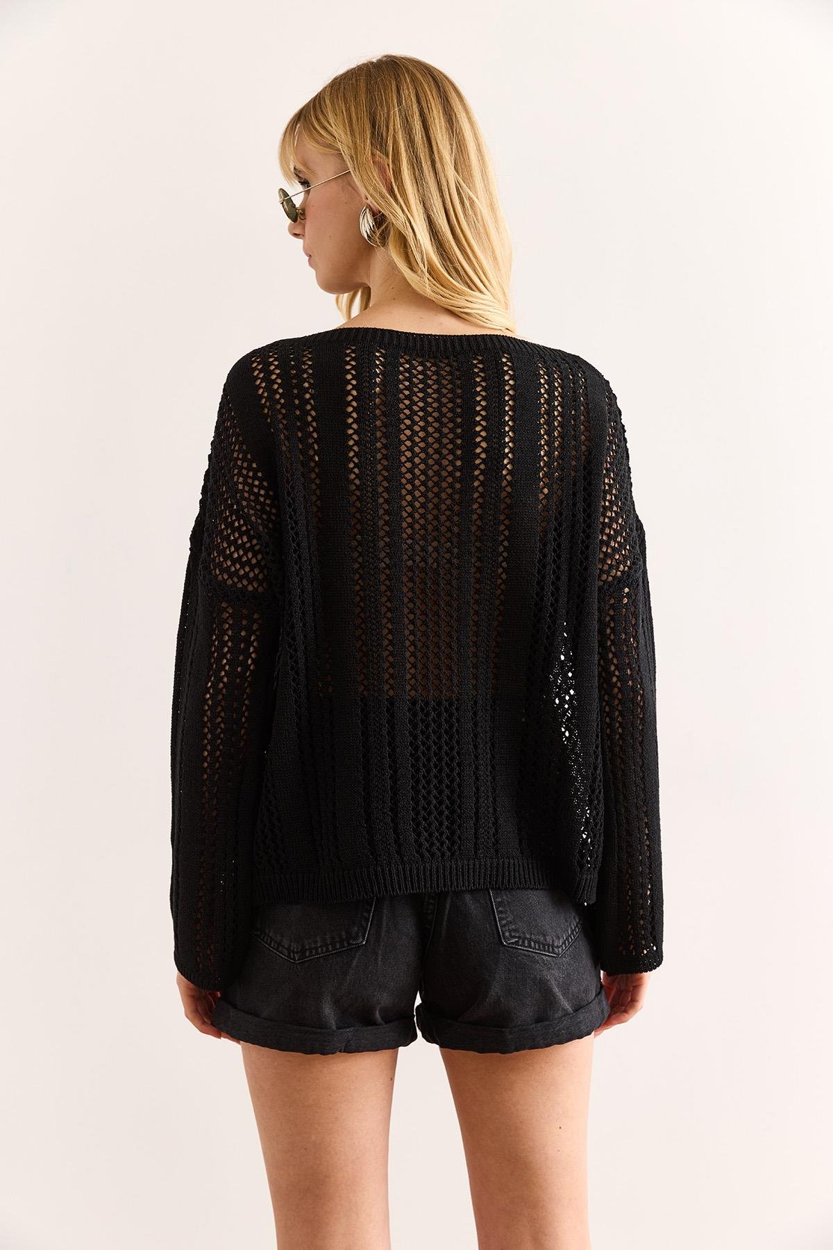 Ajurlu Relaxed Fit Mevsimlik Triko Bluz Siyah