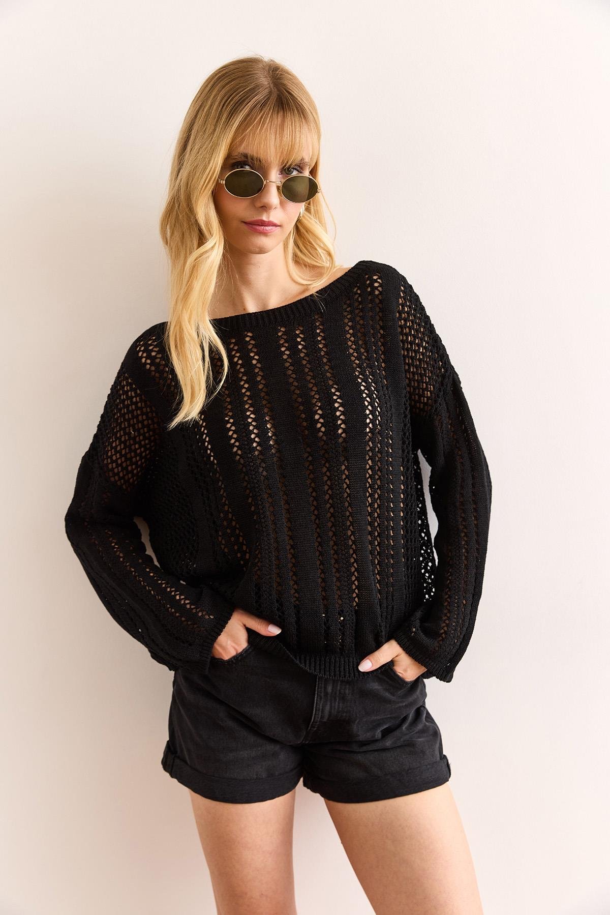 Ajurlu Relaxed Fit Mevsimlik Triko Bluz Siyah