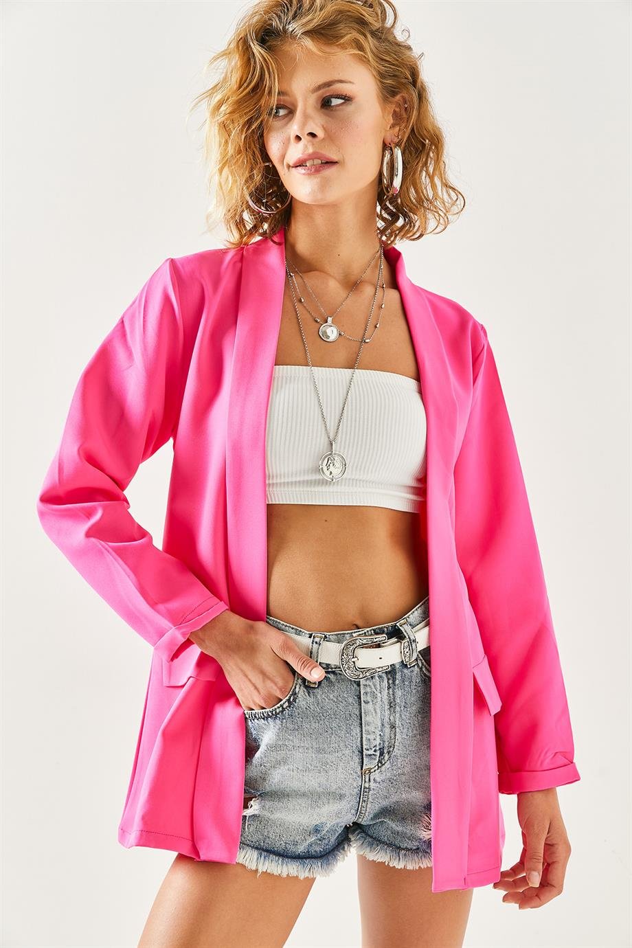 Aksesuar Cepli Atlas Ceket Fuşya