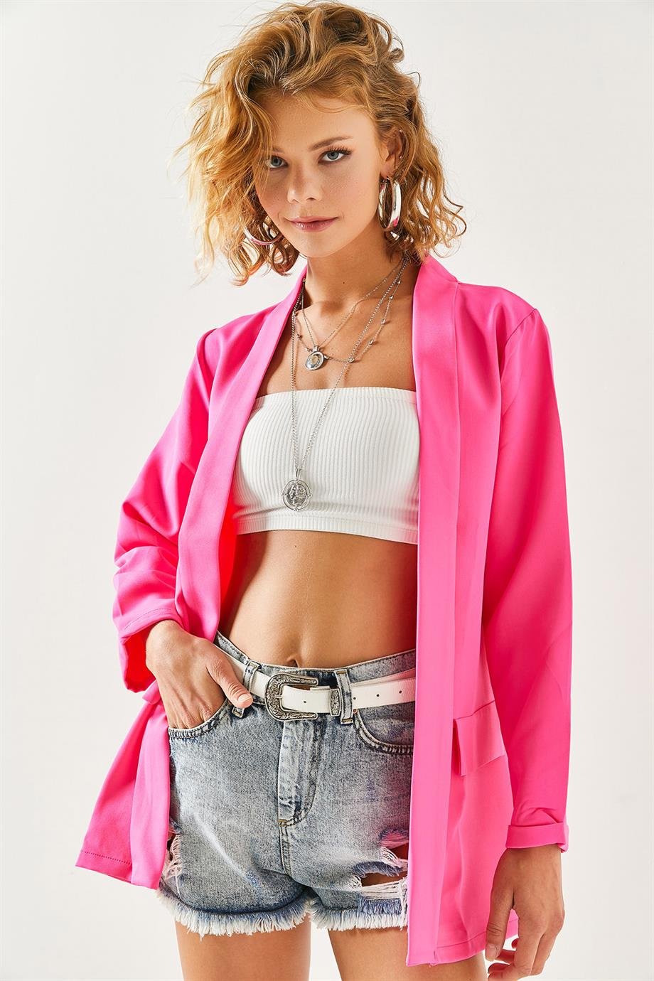 Aksesuar Cepli Atlas Ceket Fuşya