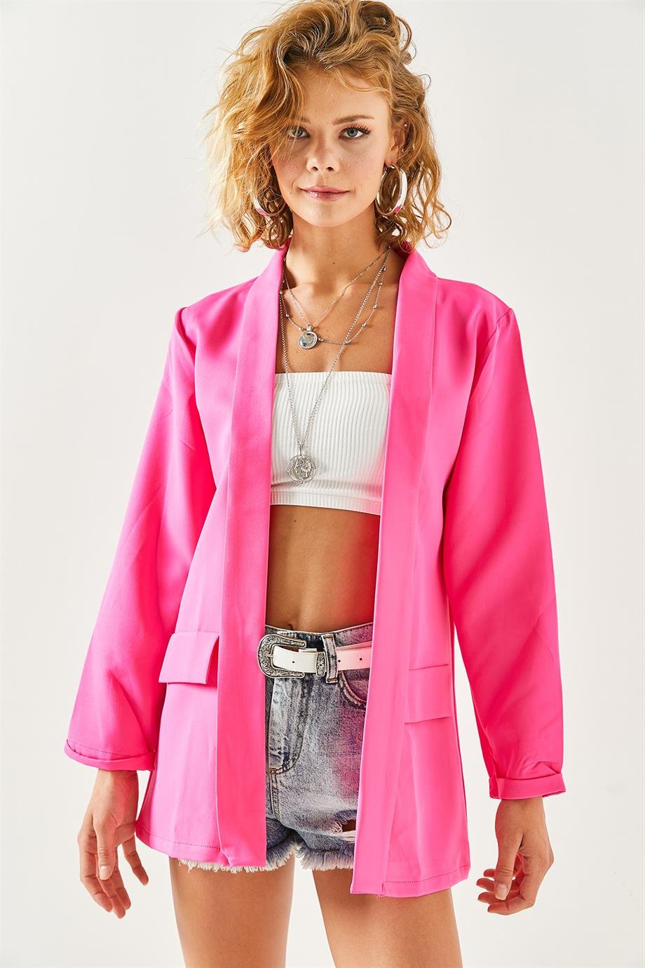 Aksesuar Cepli Atlas Ceket Fuşya
