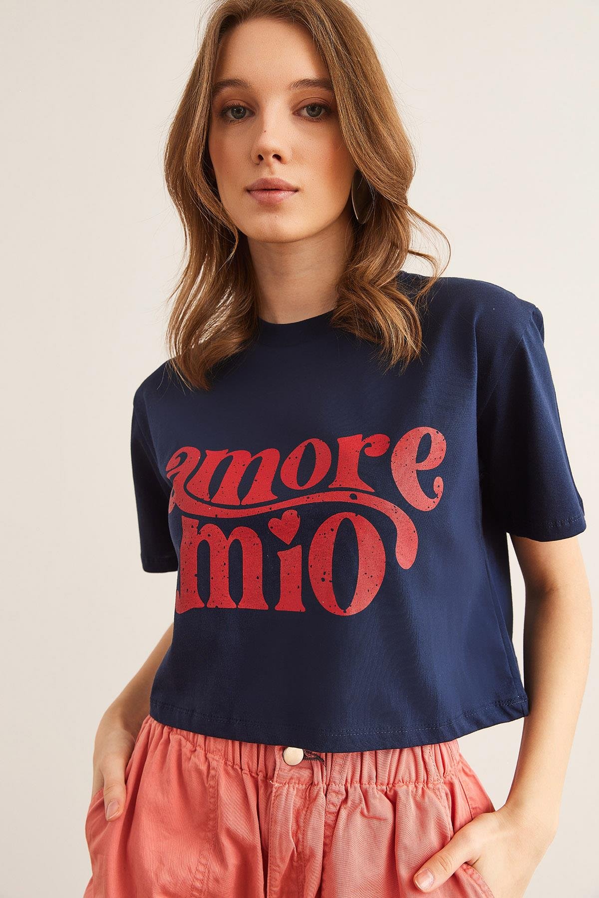 Amore Baskılı Crop Pamuk Tişört Lacivert