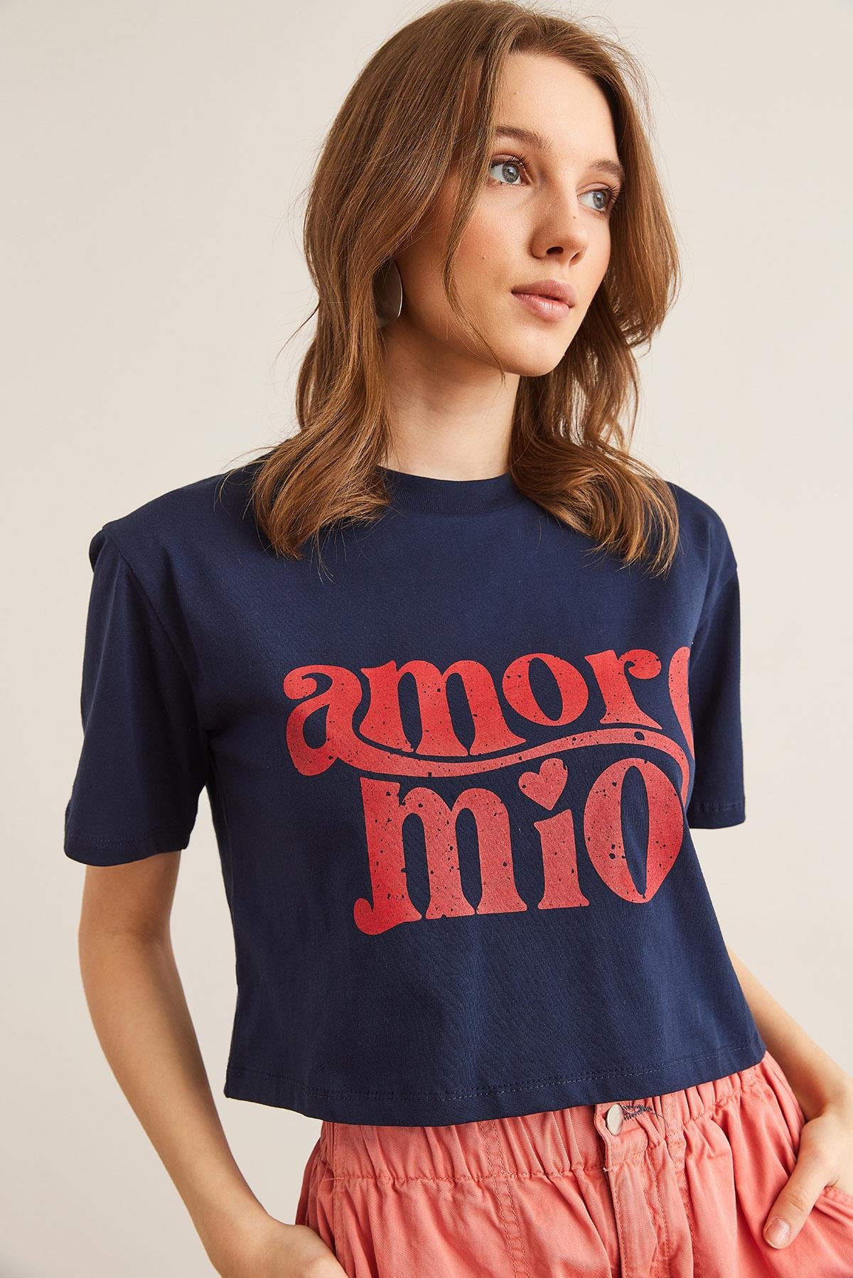 Amore Baskılı Crop Pamuk Tişört Lacivert