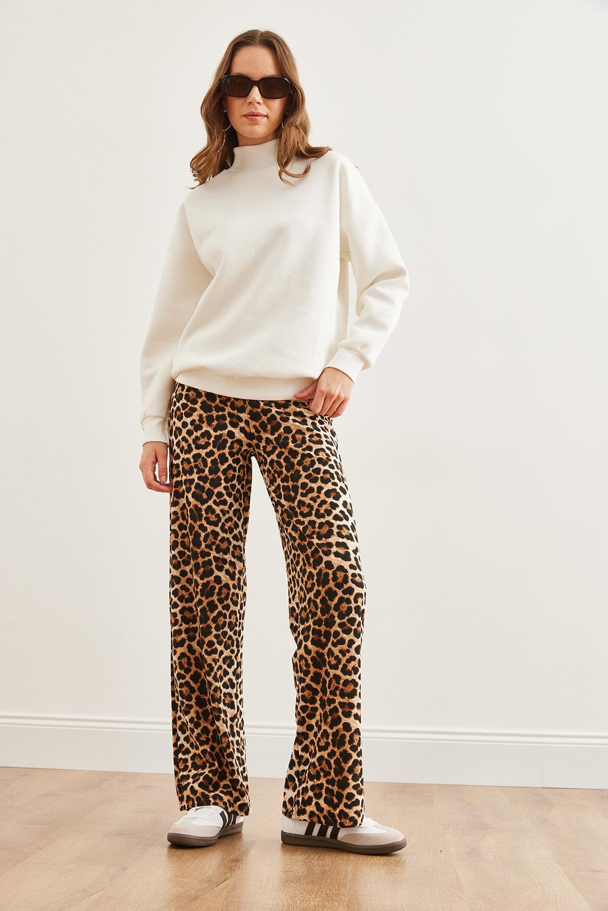 Animal Print Bol Paça Pantolon Leopar Kahve