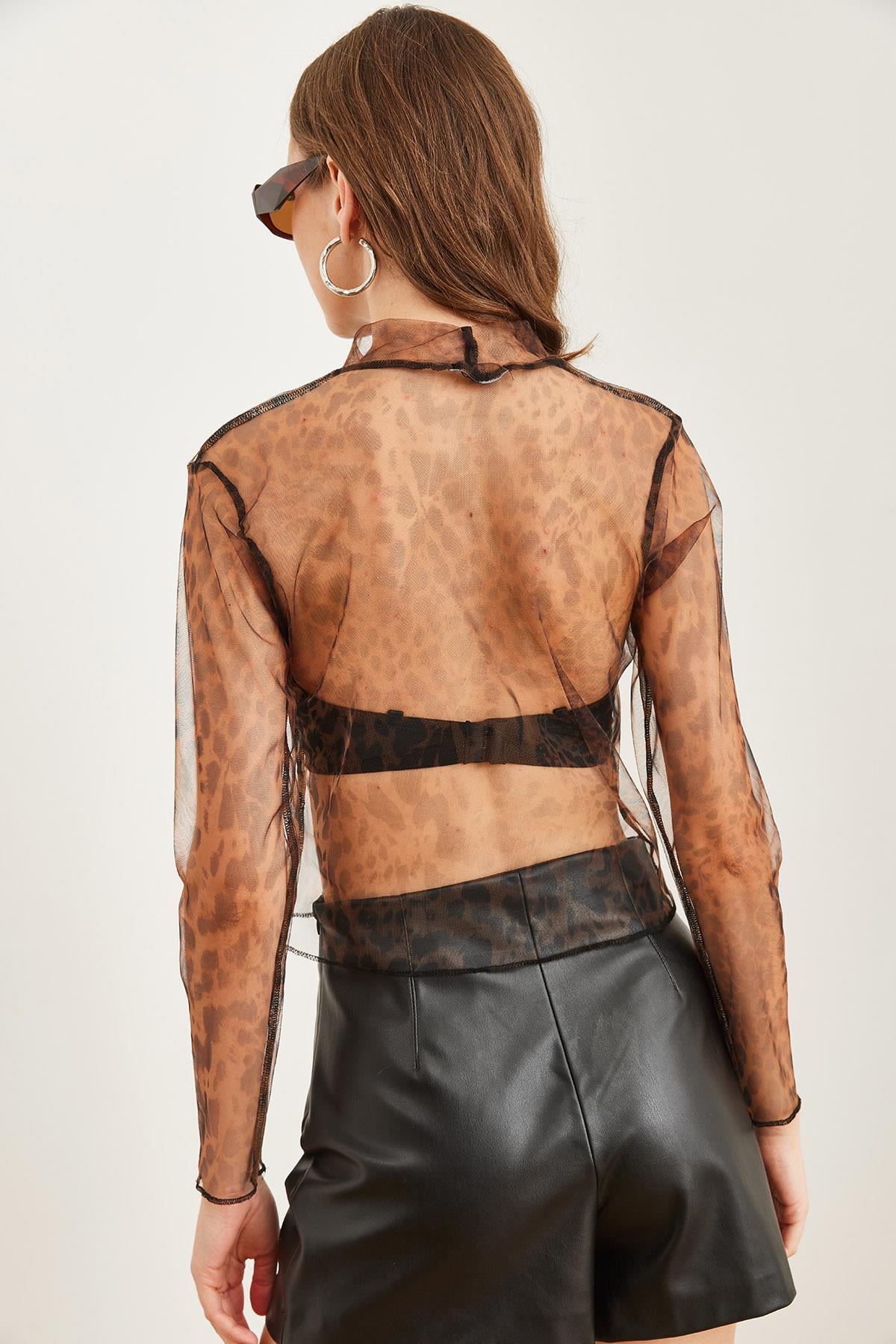 Animal Print Tül Bluz Kahve Leopar