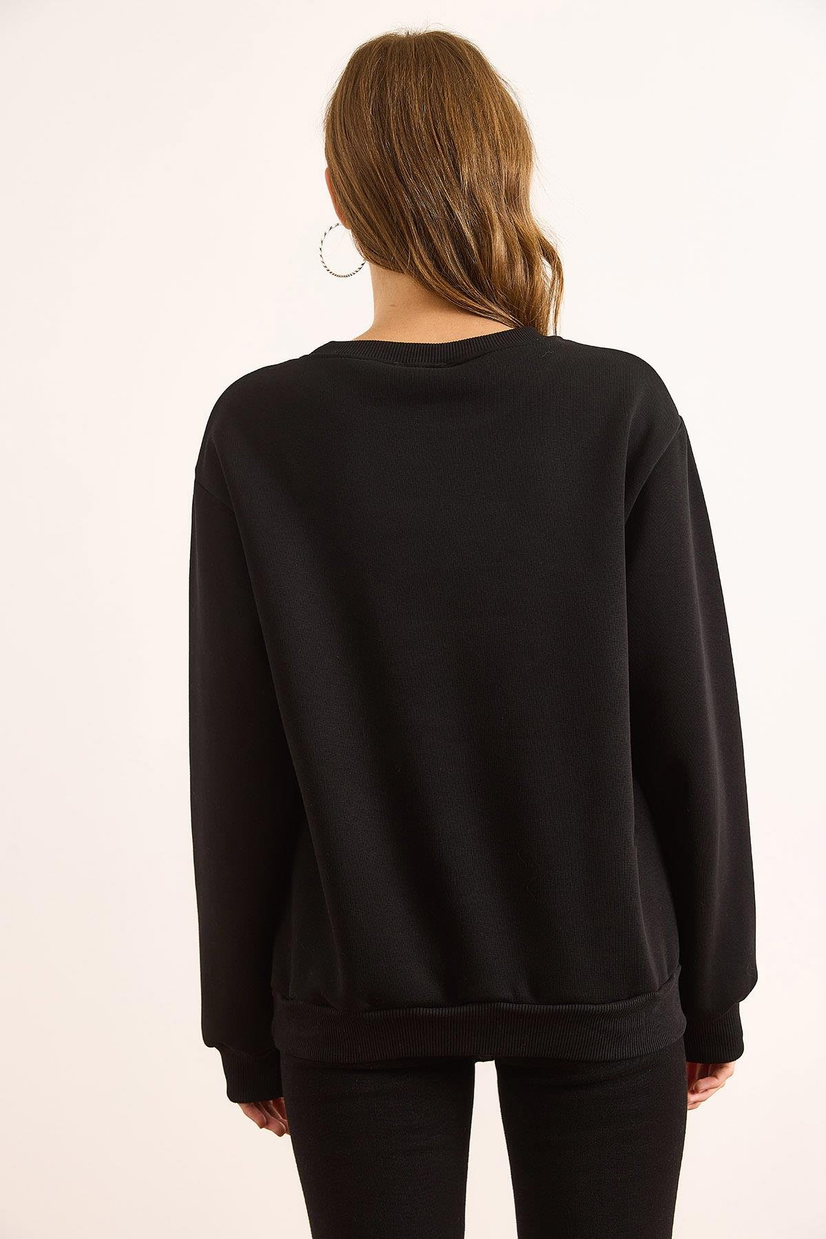 Aplikeli Şardonlu Basic Sweatshirt Siyah
