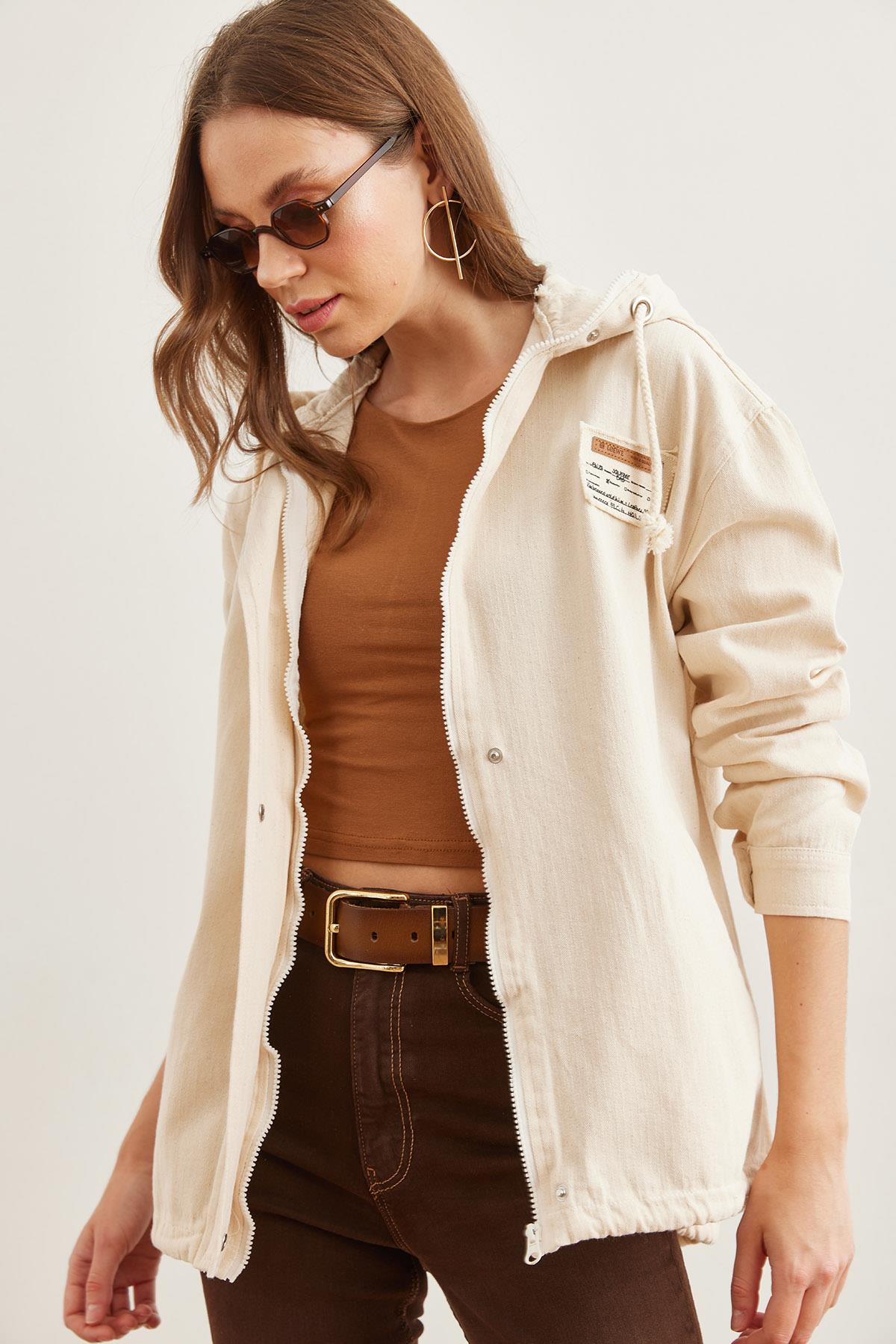 Armalı Kapüşonlu Gizli Cepli Pamuk Ceket Taş