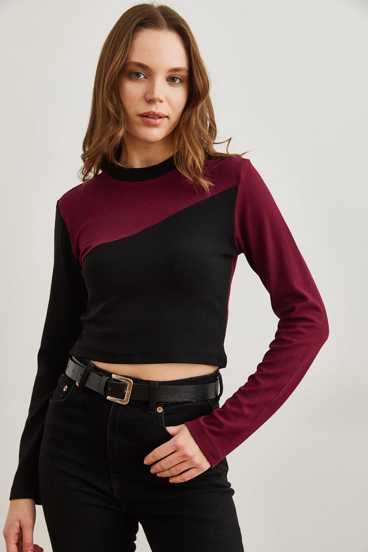 Asimetrik Bloklu Soft Touch Esnek Bluz Bordo Siyah