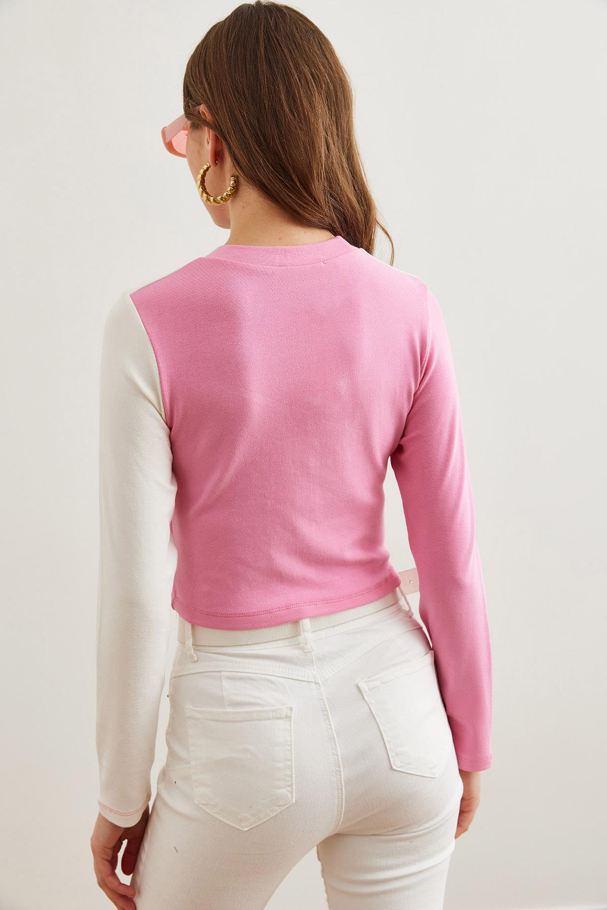 Asimetrik Bloklu Soft Touch Esnek Bluz Beyaz Pembe