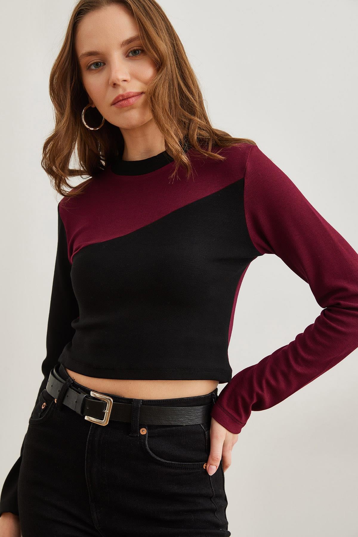 Asimetrik Bloklu Soft Touch Esnek Bluz Bordo Siyah