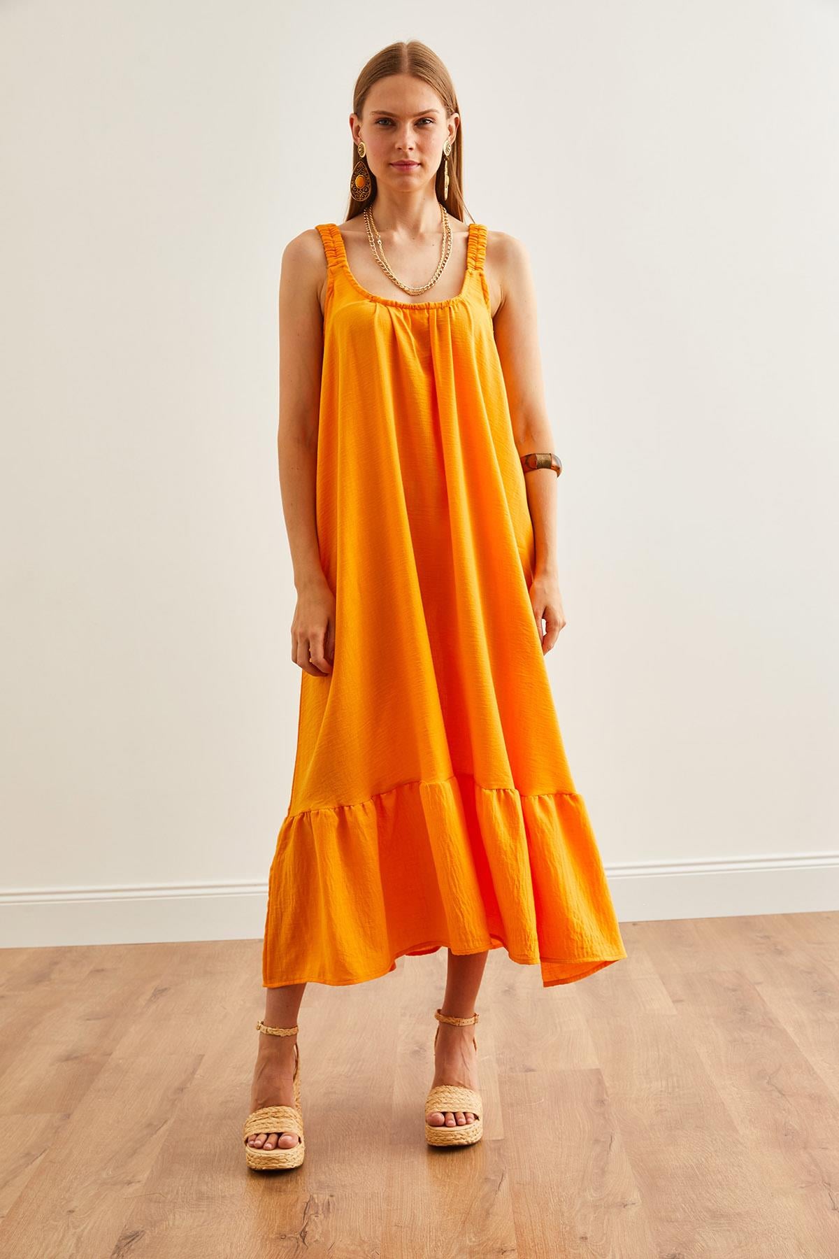 Askılı Oversize Maxi Dokuma Elbise Açık Turuncu