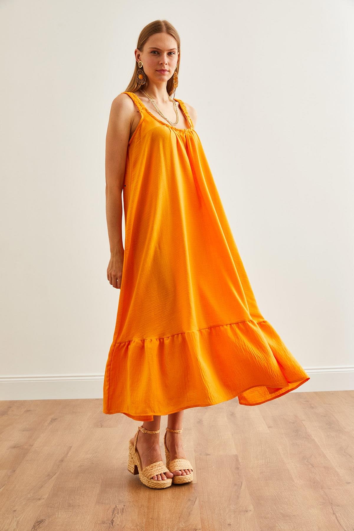 Askılı Oversize Maxi Dokuma Elbise Açık Turuncu