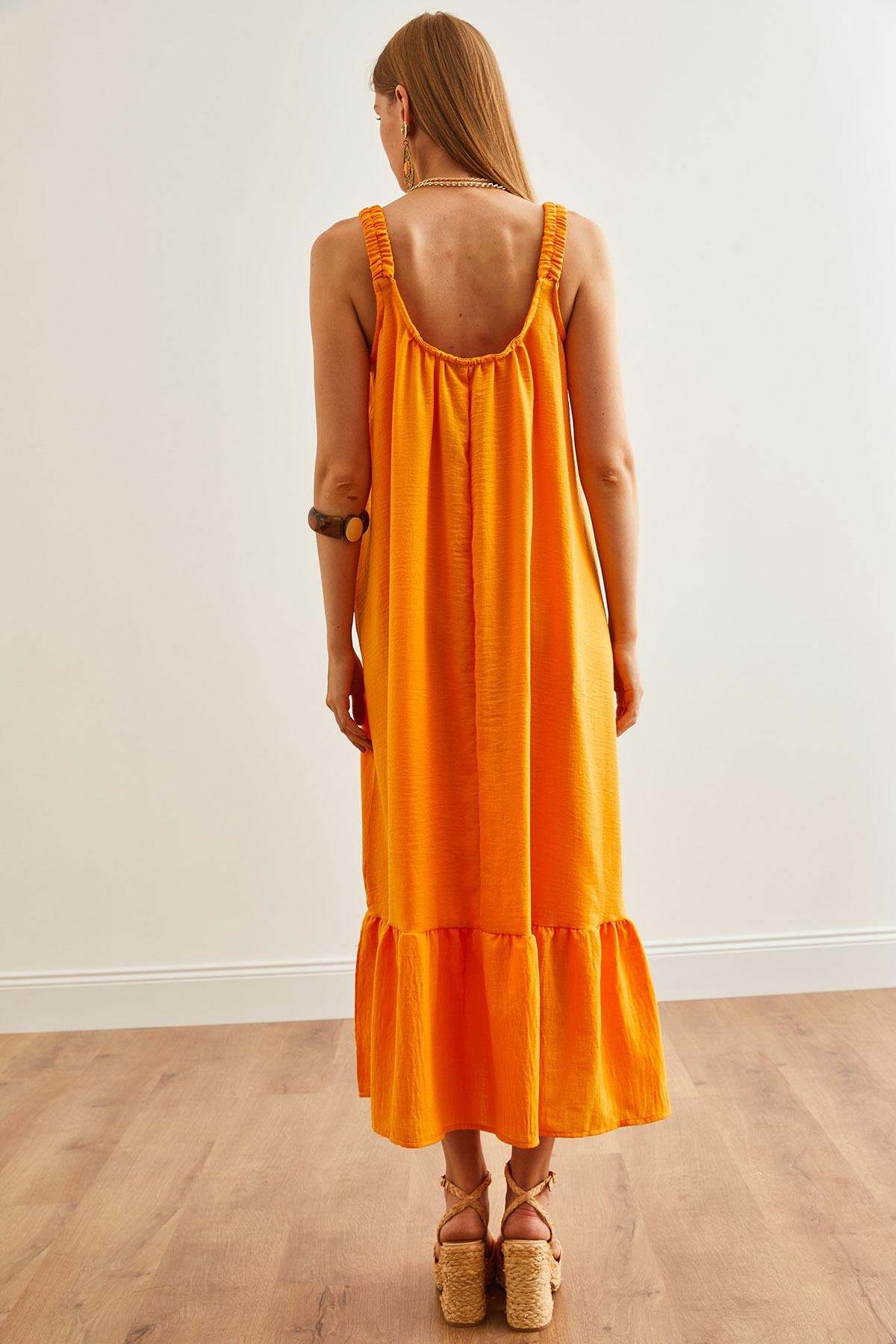 Askılı Oversize Maxi Dokuma Elbise Açık Turuncu