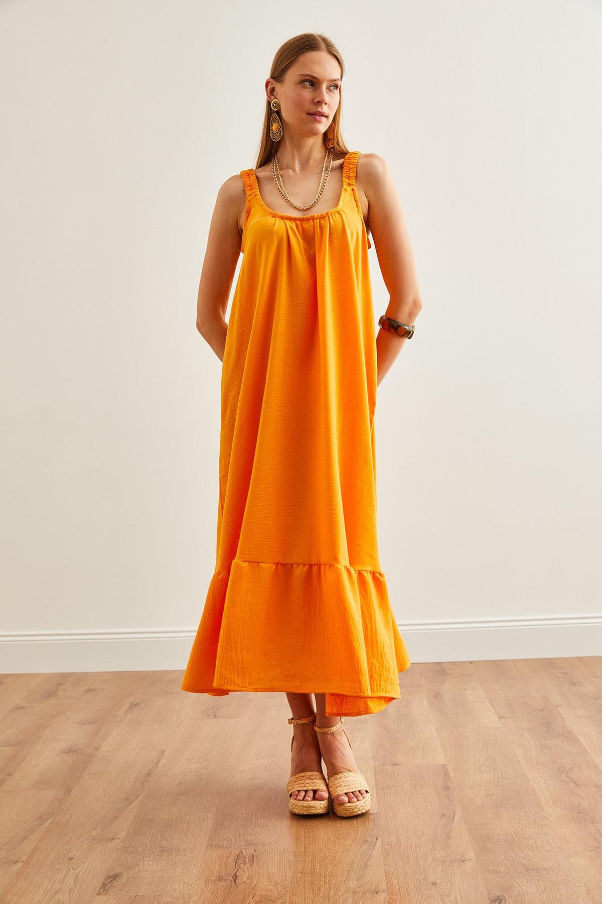 Askılı Oversize Maxi Dokuma Elbise Açık Turuncu