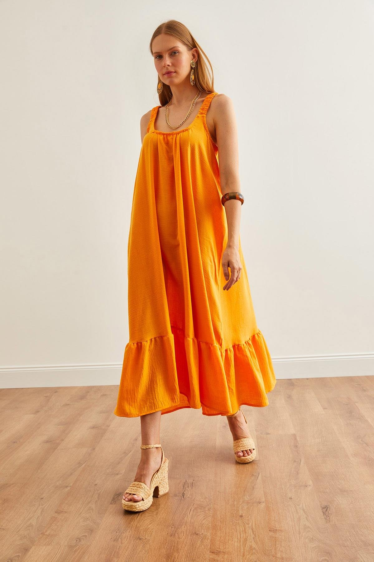 Askılı Oversize Maxi Dokuma Elbise Açık Turuncu