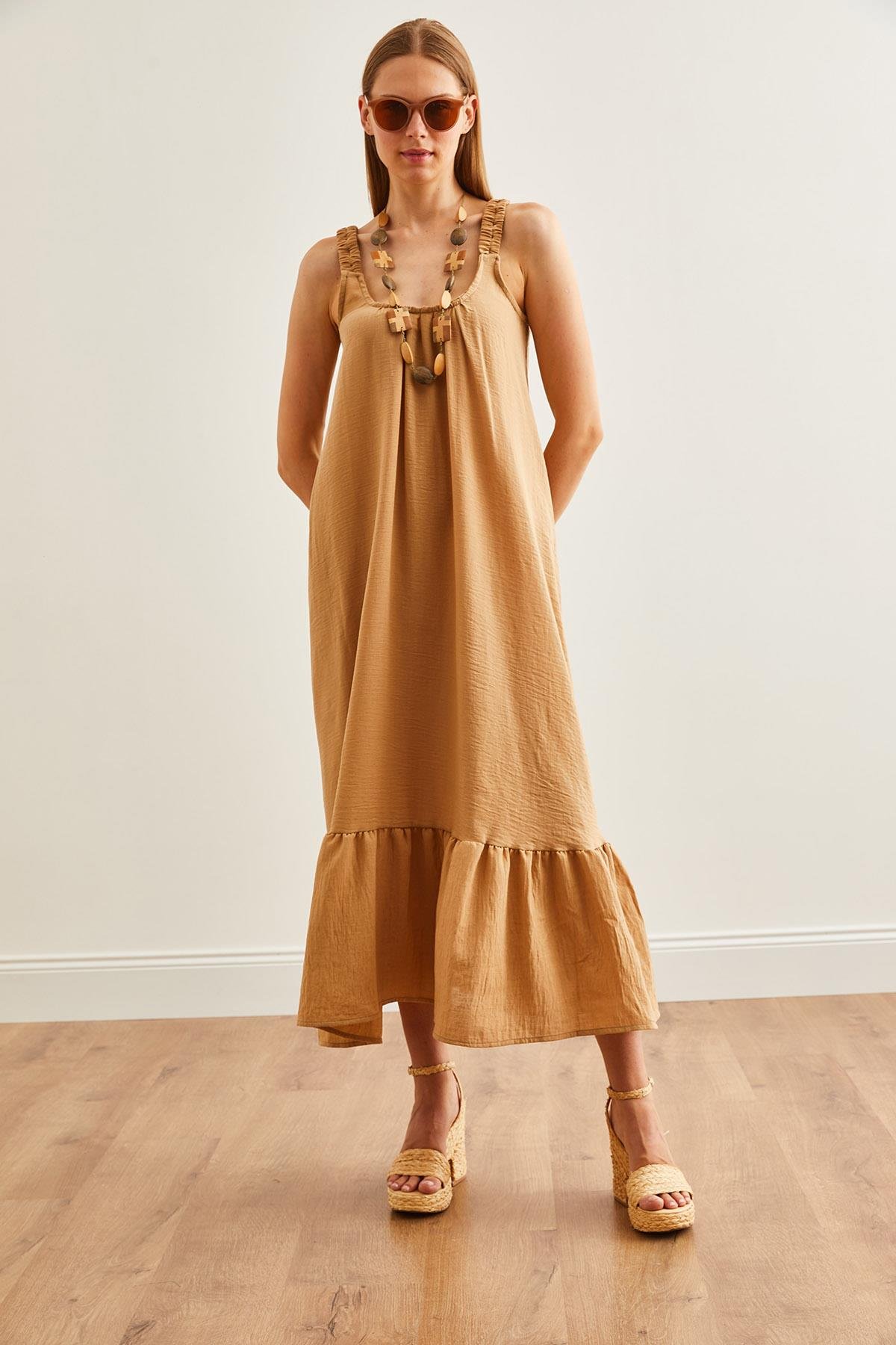 Askılı Oversize Maxi Dokuma Elbise Camel