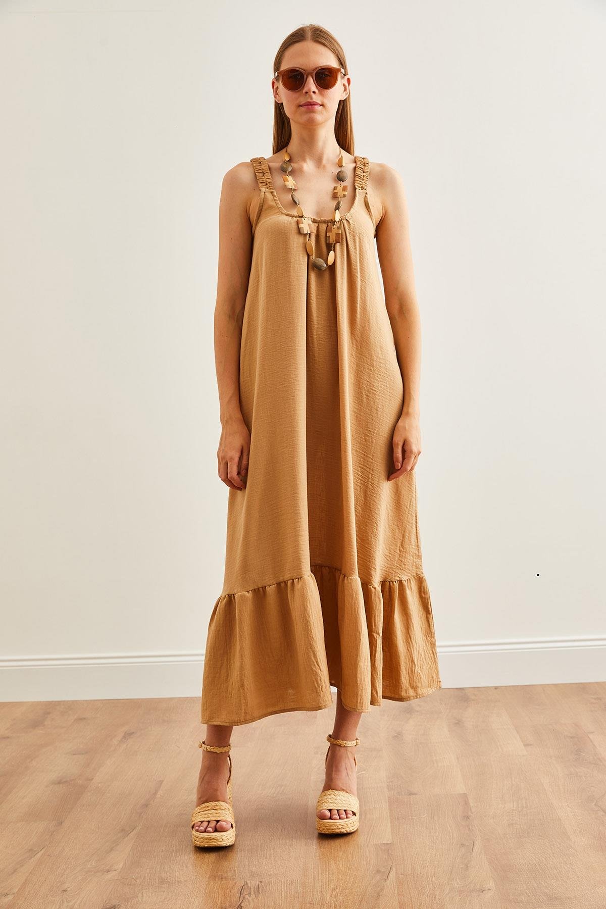 Askılı Oversize Maxi Dokuma Elbise Camel