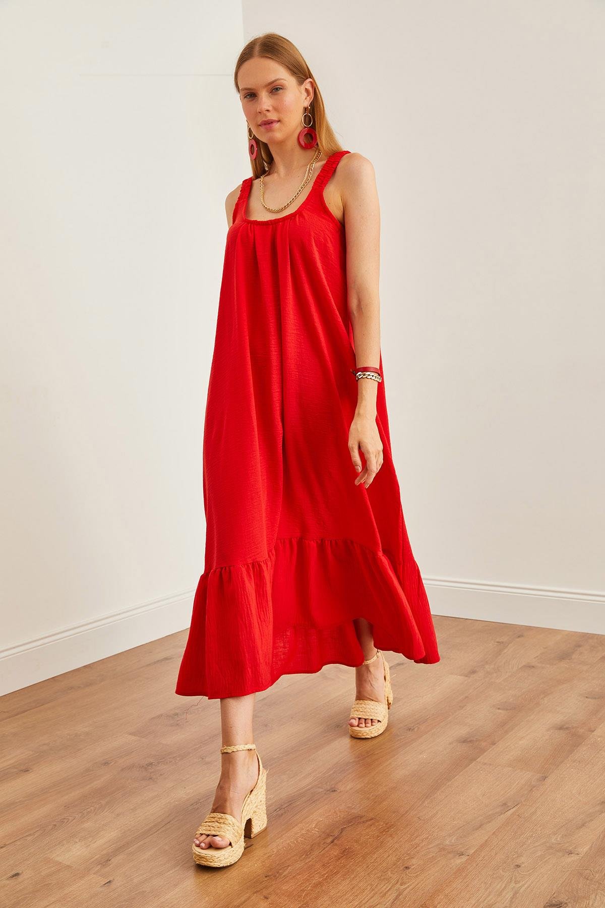 Askılı Oversize Maxi Dokuma Elbise Kırmızı