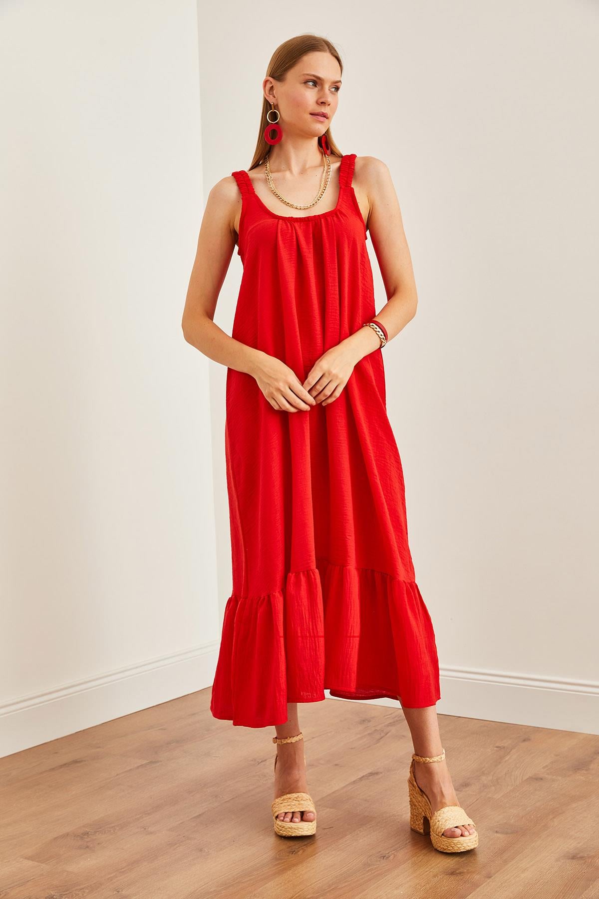 Askılı Oversize Maxi Dokuma Elbise Kırmızı