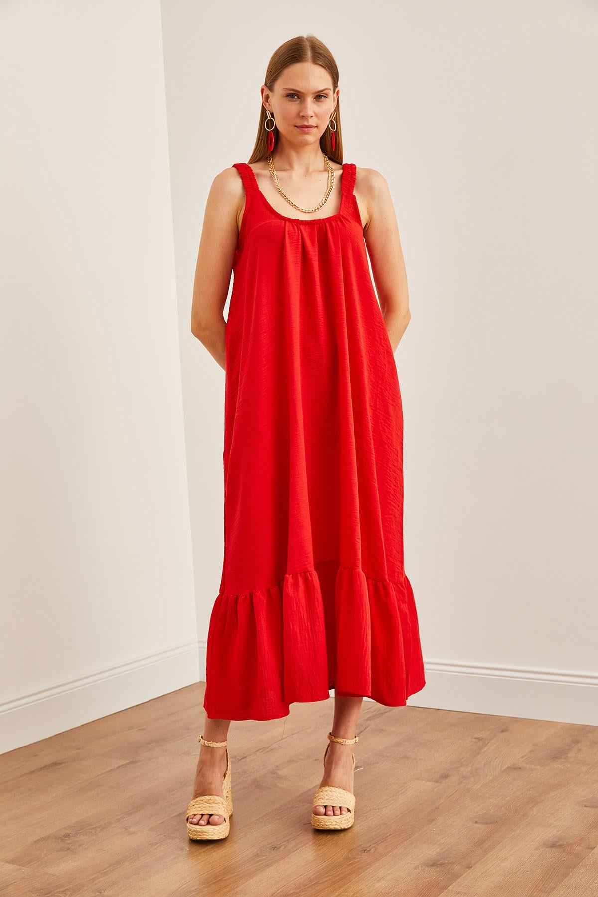 Askılı Oversize Maxi Dokuma Elbise Kırmızı