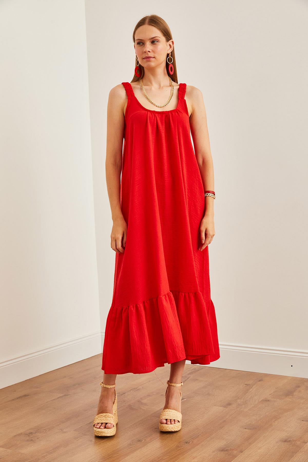 Askılı Oversize Maxi Dokuma Elbise Kırmızı