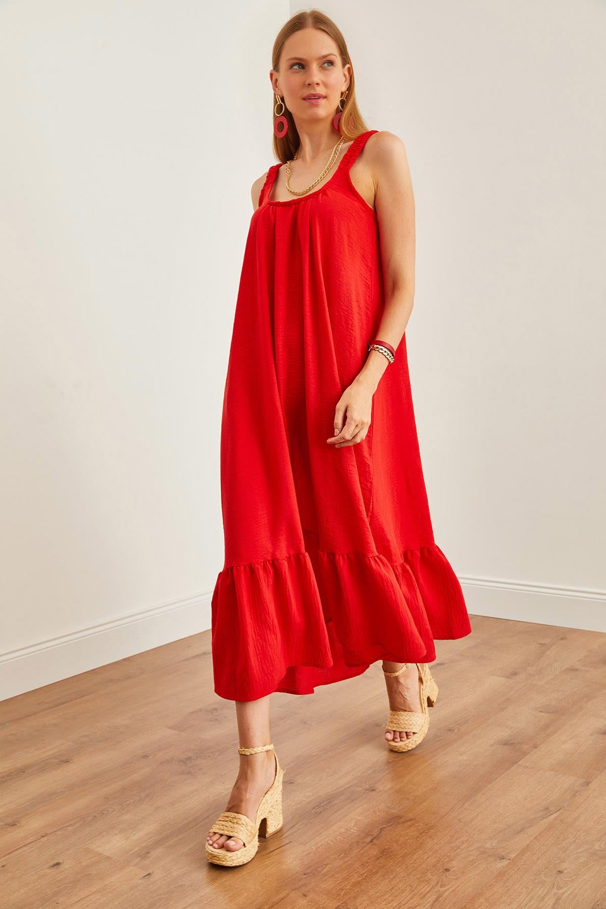 Askılı Oversize Maxi Dokuma Elbise Kırmızı