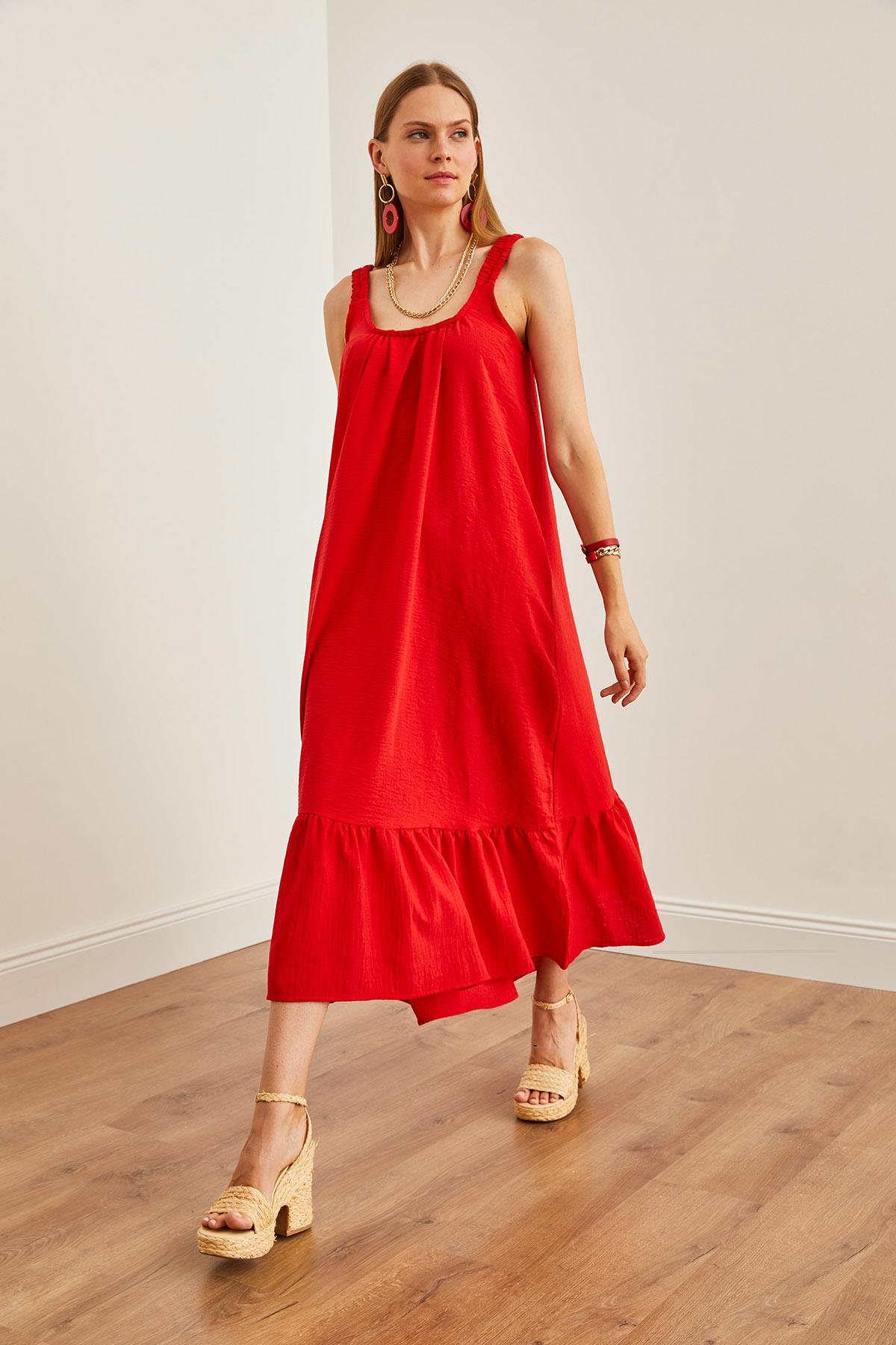 Askılı Oversize Maxi Dokuma Elbise Kırmızı