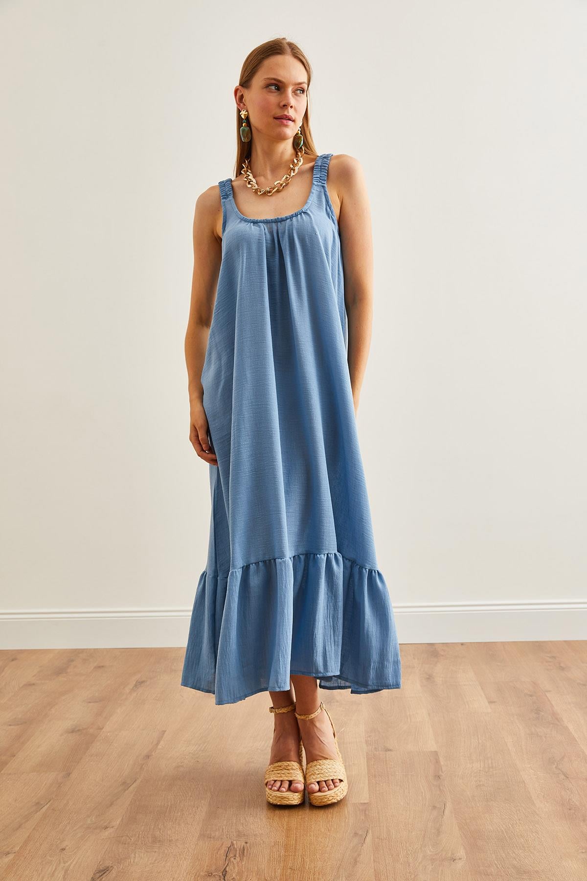 Askılı Oversize Maxi Dokuma Elbise Mavi
