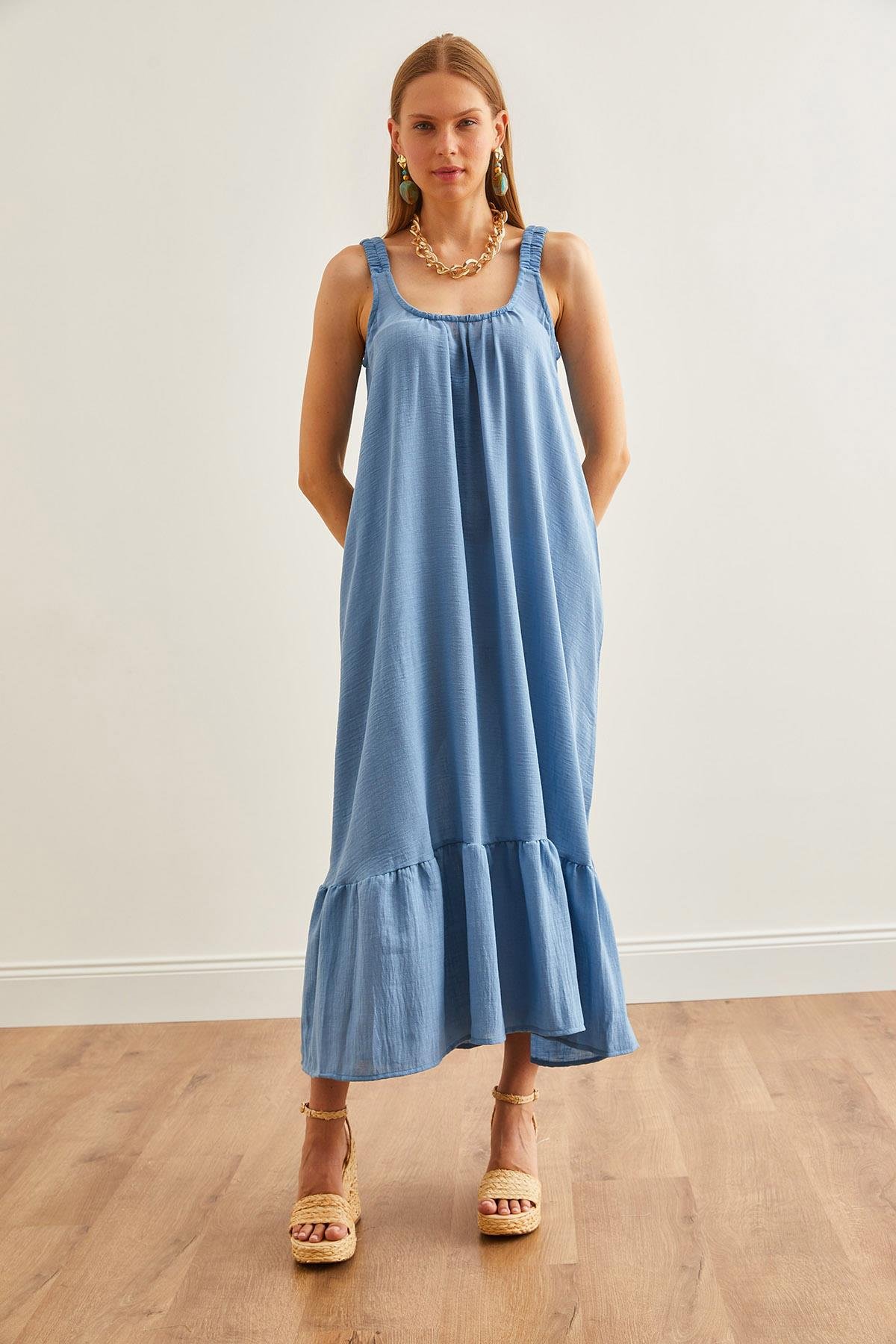 Askılı Oversize Maxi Dokuma Elbise Mavi