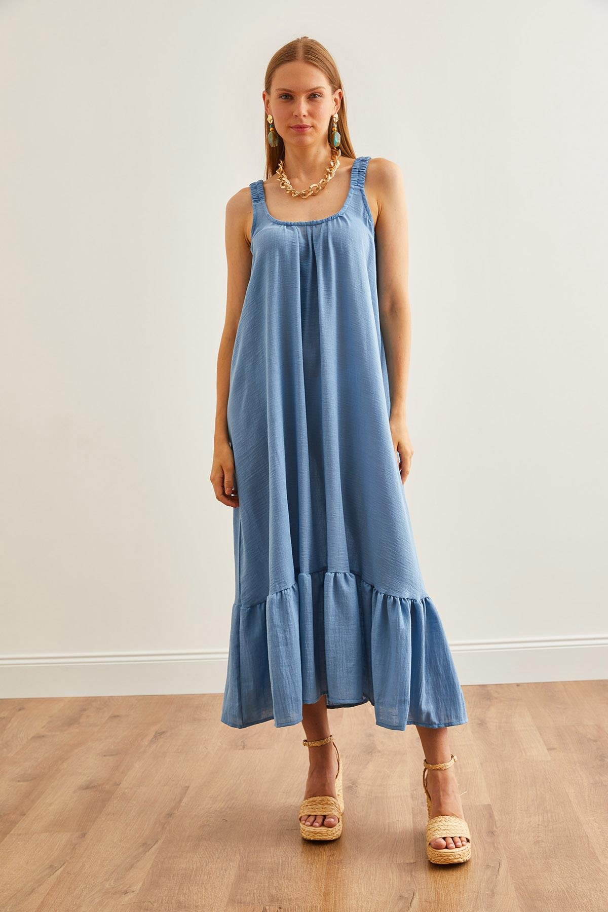 Askılı Oversize Maxi Dokuma Elbise Mavi