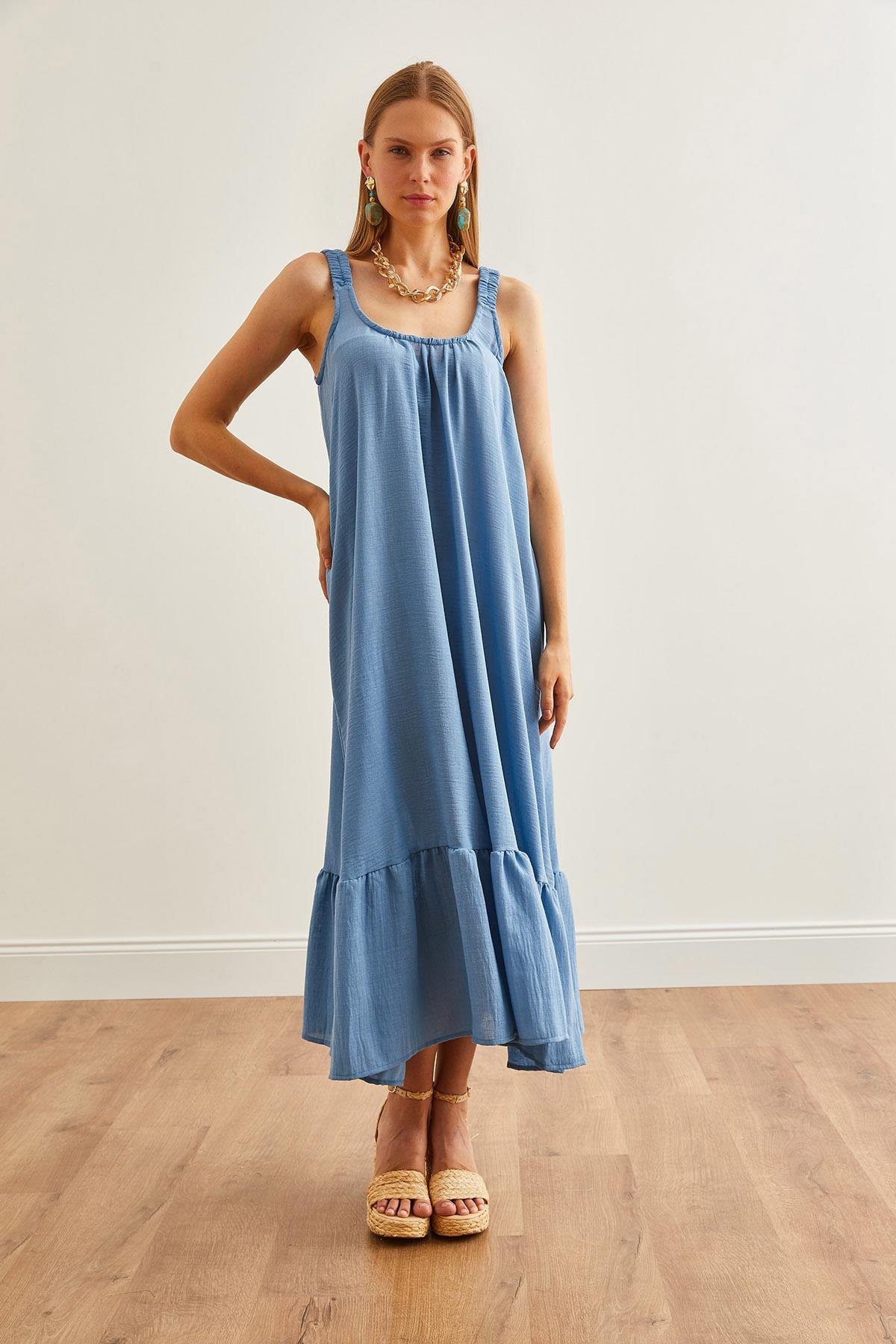 Askılı Oversize Maxi Dokuma Elbise Mavi