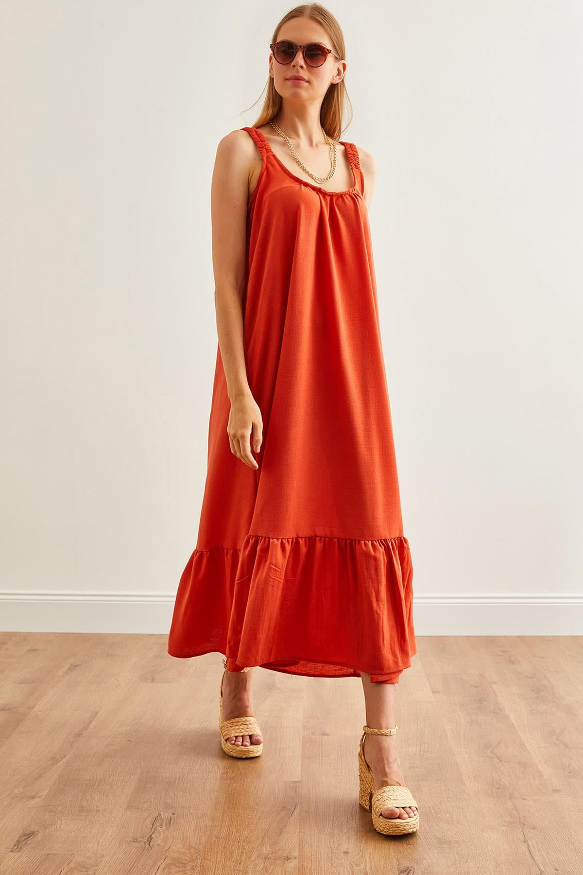 Askılı Oversize Maxi Dokuma Elbise Turuncu