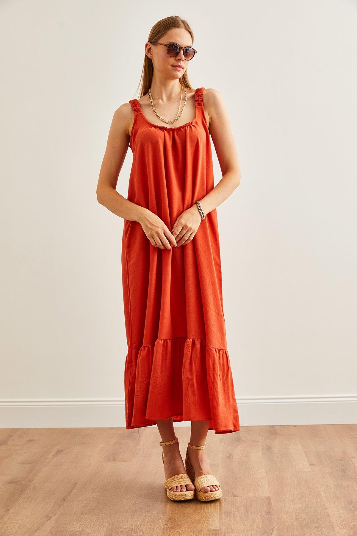 Askılı Oversize Maxi Dokuma Elbise Turuncu