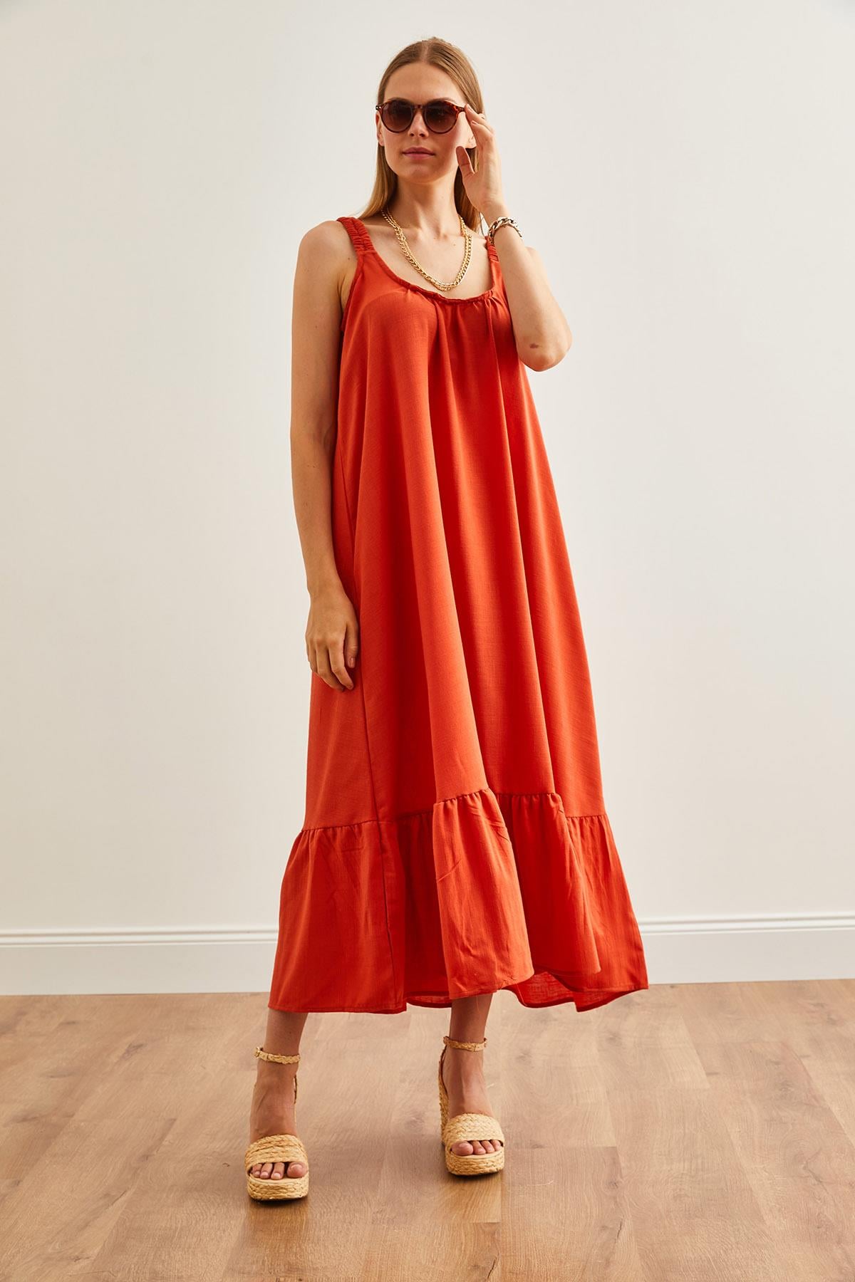 Askılı Oversize Maxi Dokuma Elbise Turuncu