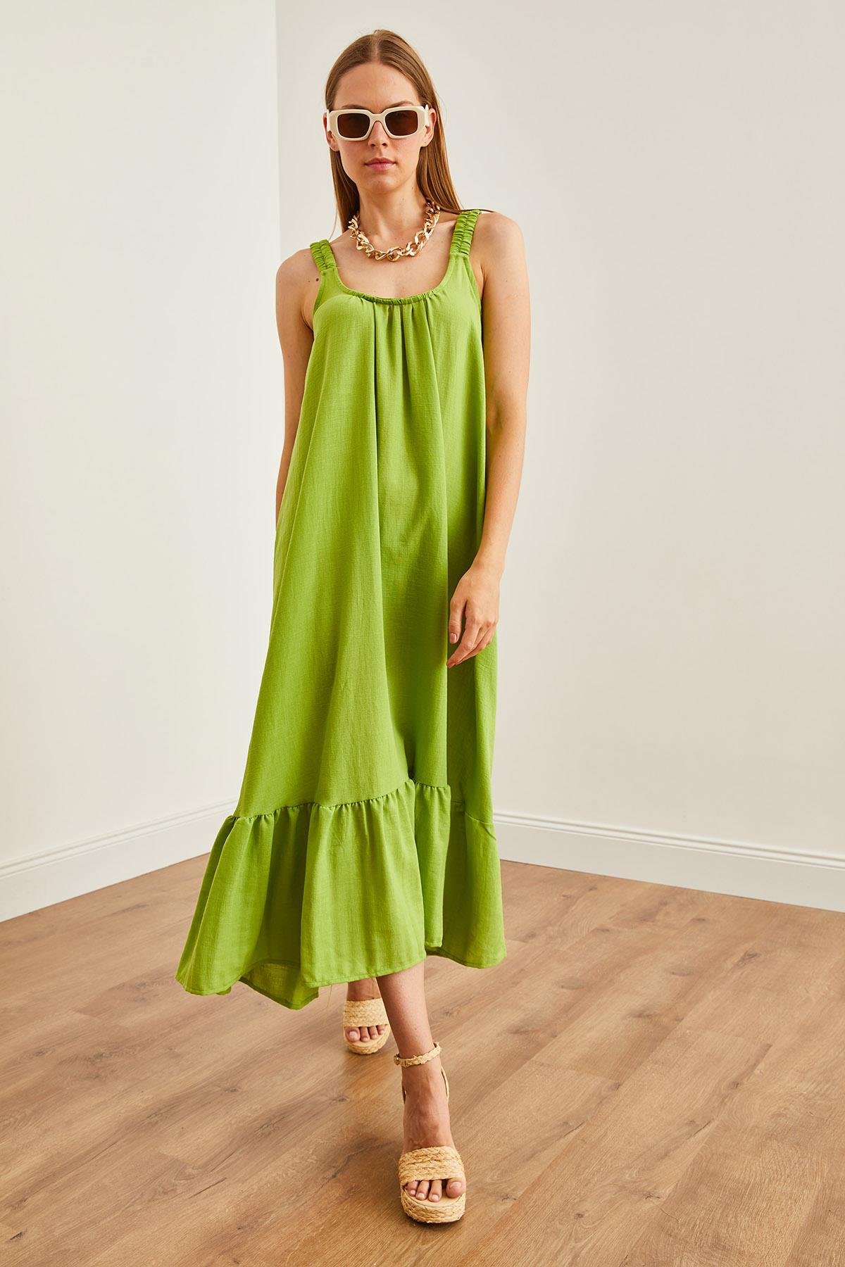 Askılı Oversize Maxi Dokuma Elbise Yağ Yeşili