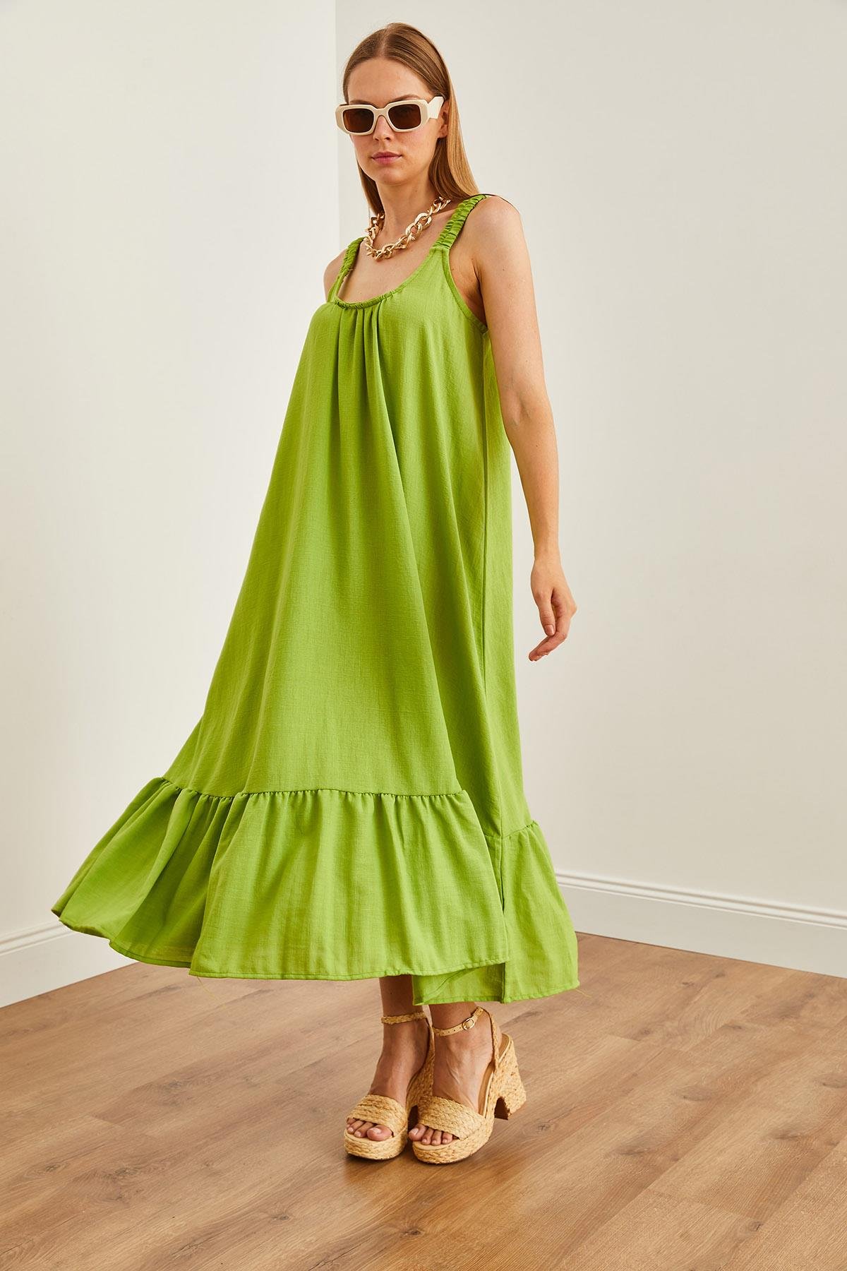 Askılı Oversize Maxi Dokuma Elbise Yağ Yeşili