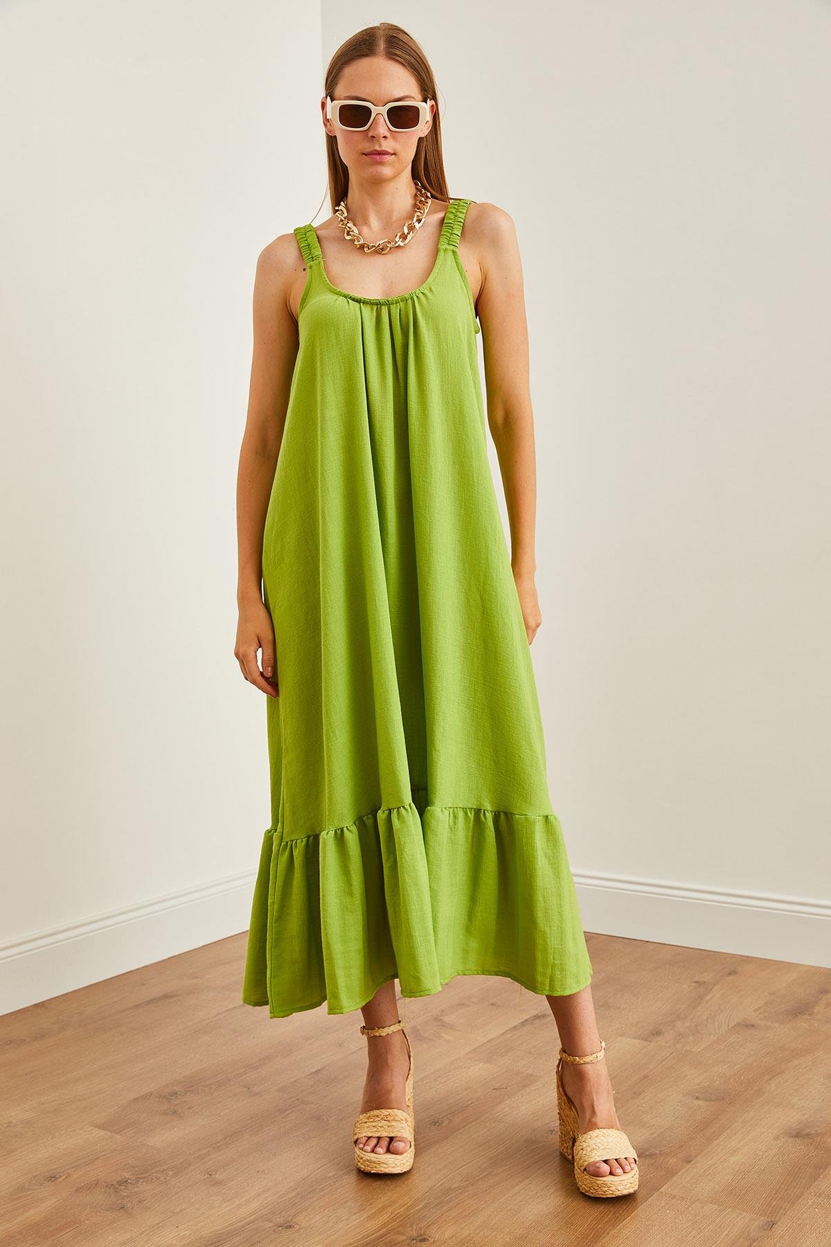 Askılı Oversize Maxi Dokuma Elbise Yağ Yeşili